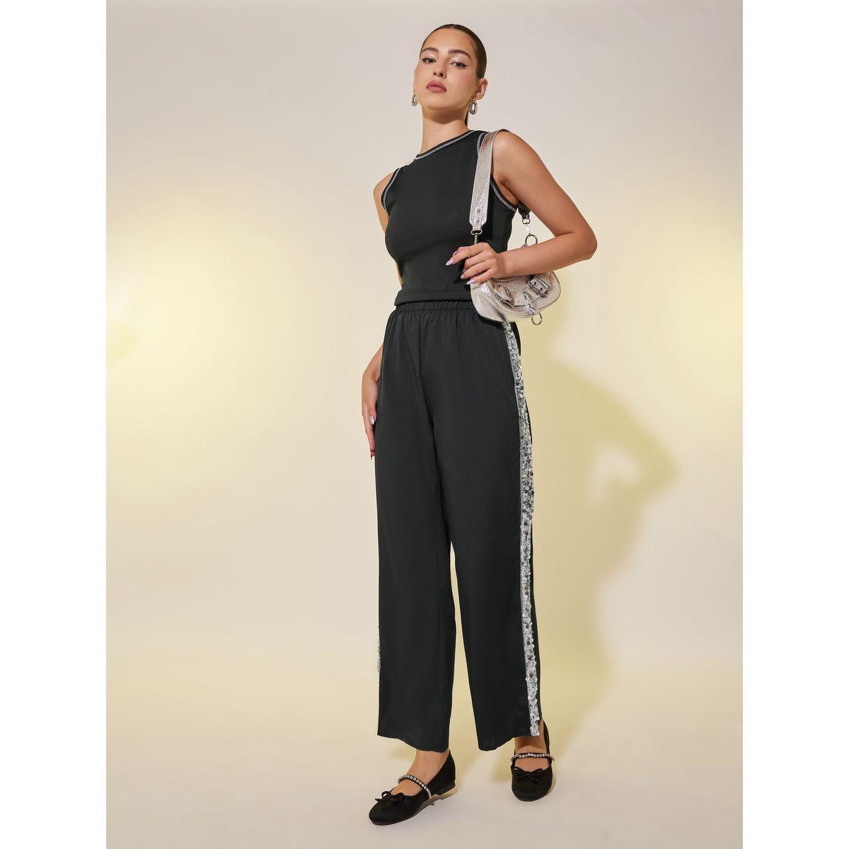 بنطال بأرجل واسعة منمق بالترتر مع خصر مطاطي-women-clothing-bottoms-trousers-image-1