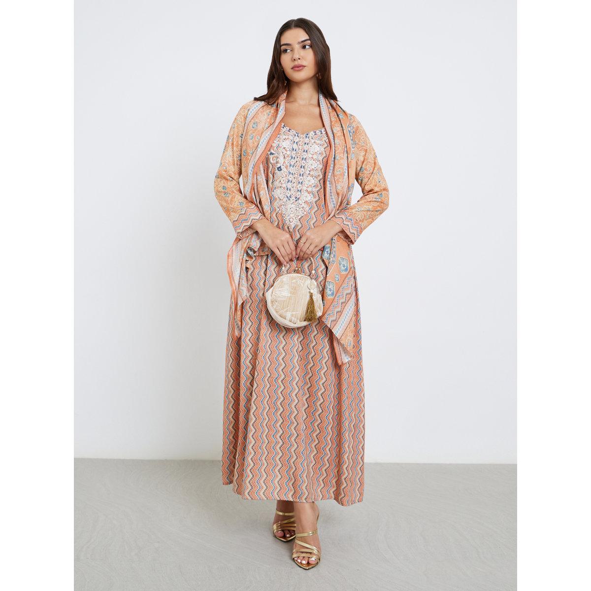 Styli Floral Print Lace Insert Maxi Jalabiya-women-arabicclothing-jalabiyas-image-1