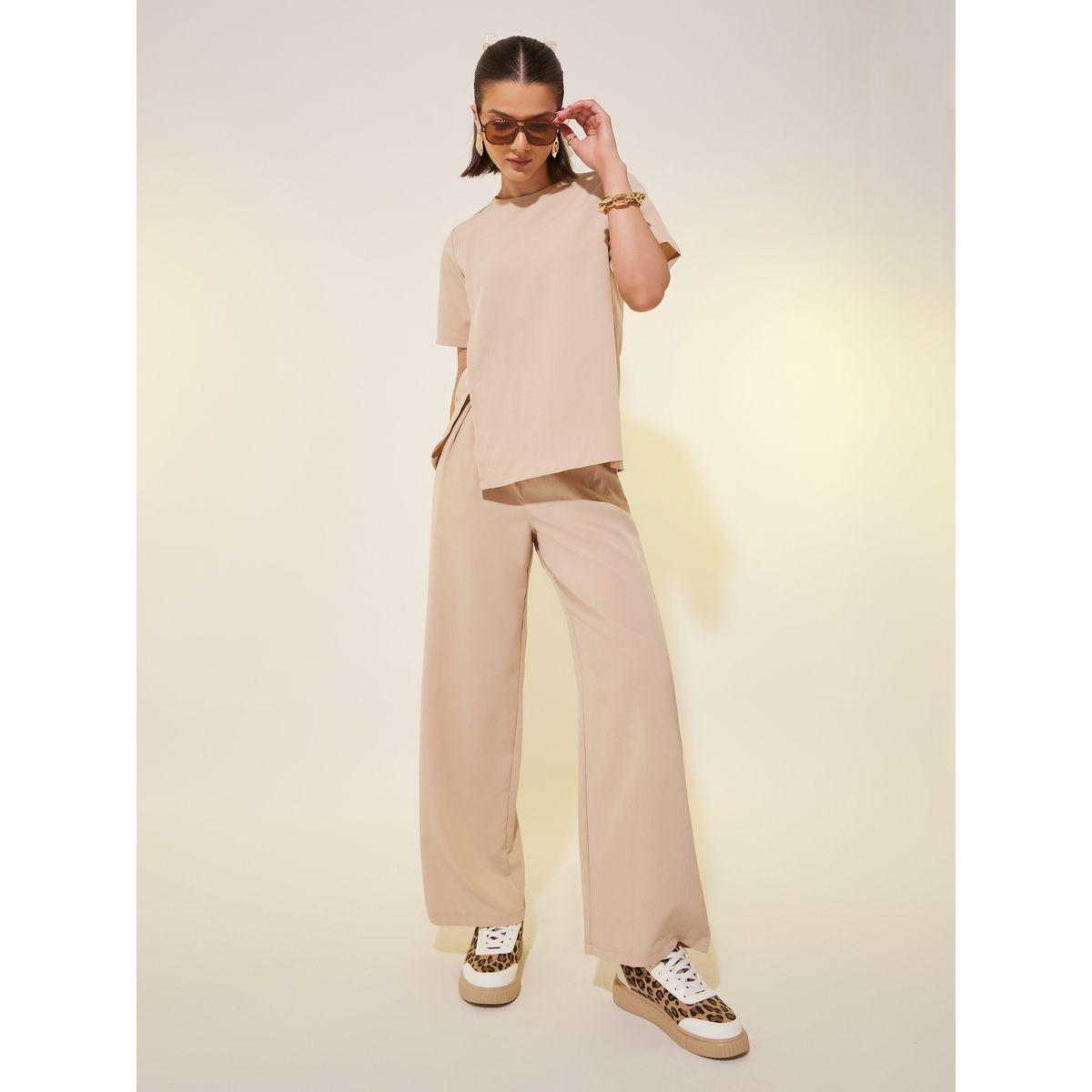Styli Solid Short Sleeve Asymmetric Top and Pants Co-Ords-women-clothing-coordsets-image-1
