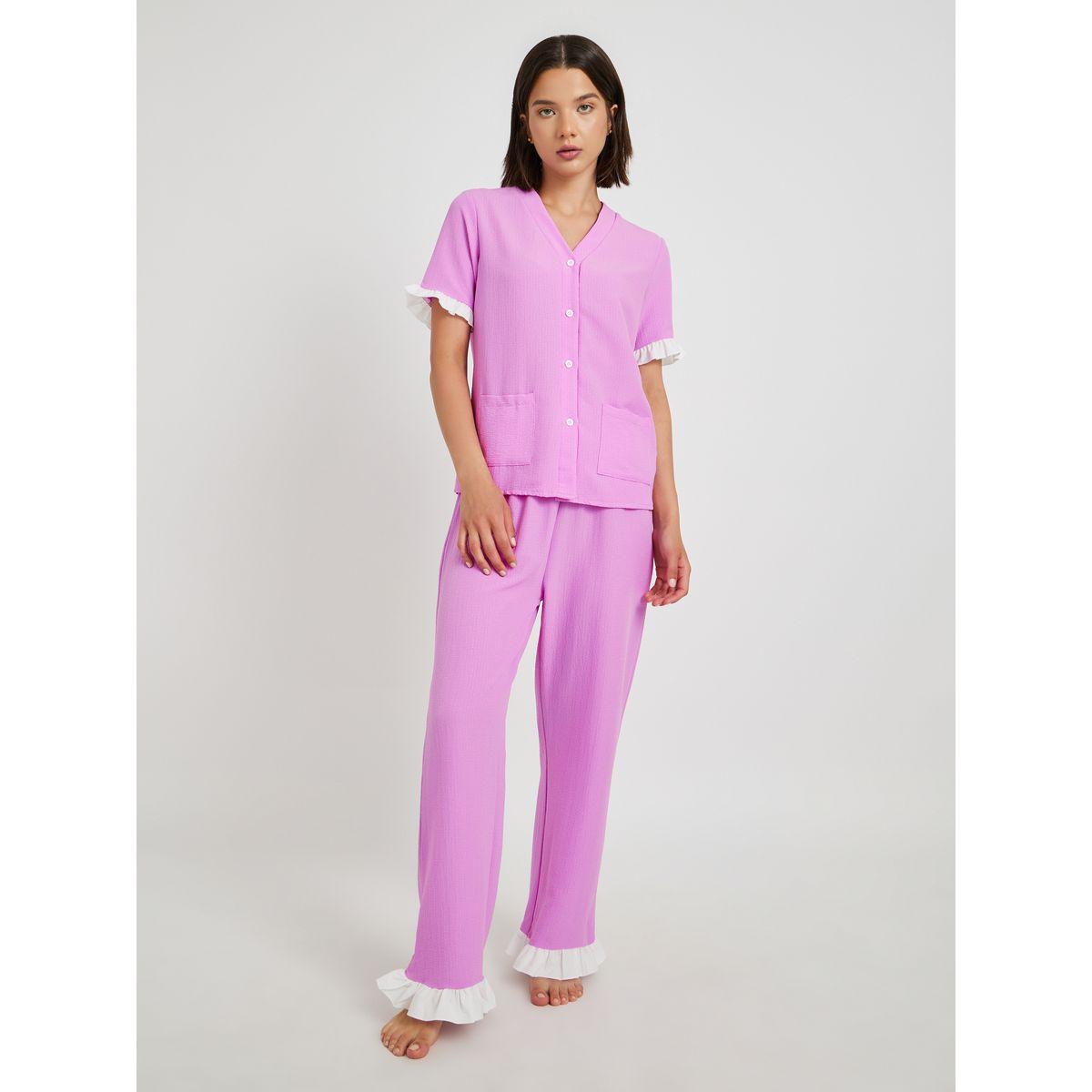 Styli Contrast Flounce Detail Short Sleeve Shirt and Pyjama Set-women-clothing-nightwear-pyjamas-longsets-image-1