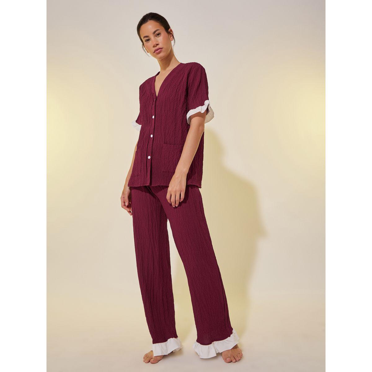 Styli Textured V-Neck Buttoned Shirt and Pyjama Set-women-clothing-nightwear-pyjamas-longsets-image-1
