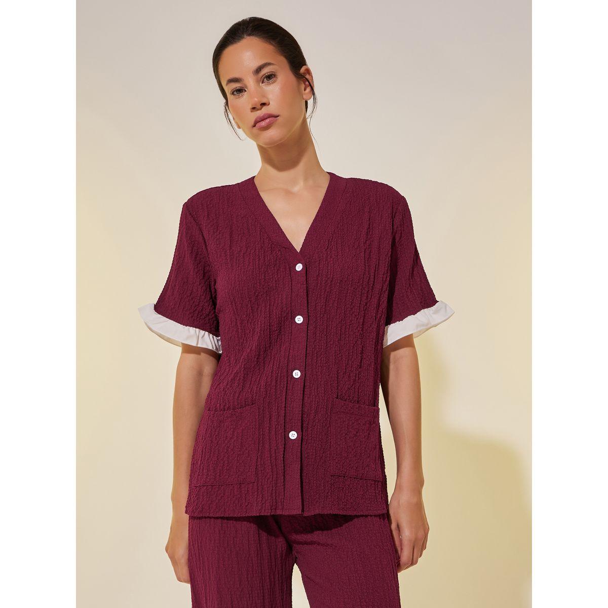 Styli Textured V-Neck Buttoned Shirt and Pyjama Set-women-clothing-nightwear-pyjamas-longsets-image-2