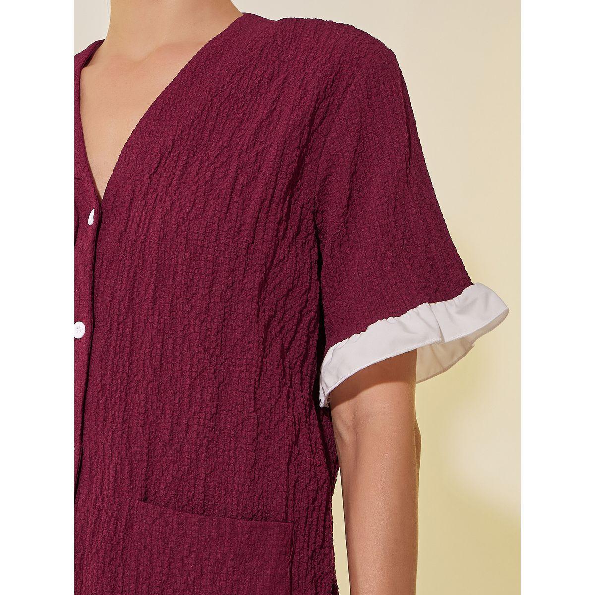 Styli Textured V-Neck Buttoned Shirt and Pyjama Set-women-clothing-nightwear-pyjamas-longsets-image-3