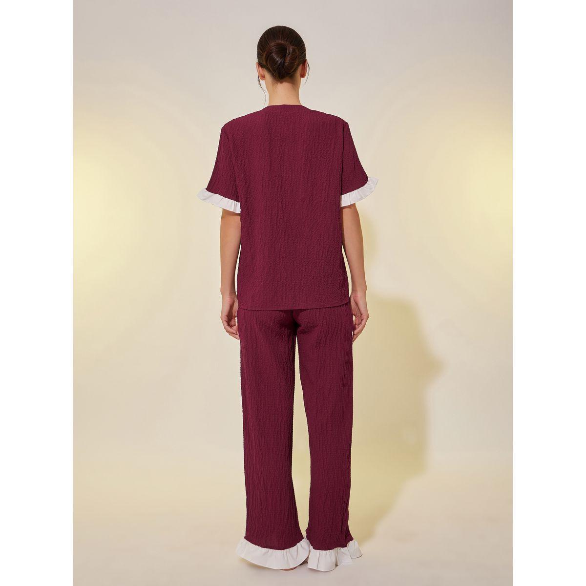 Styli Textured V-Neck Buttoned Shirt and Pyjama Set-women-clothing-nightwear-pyjamas-longsets-image-5