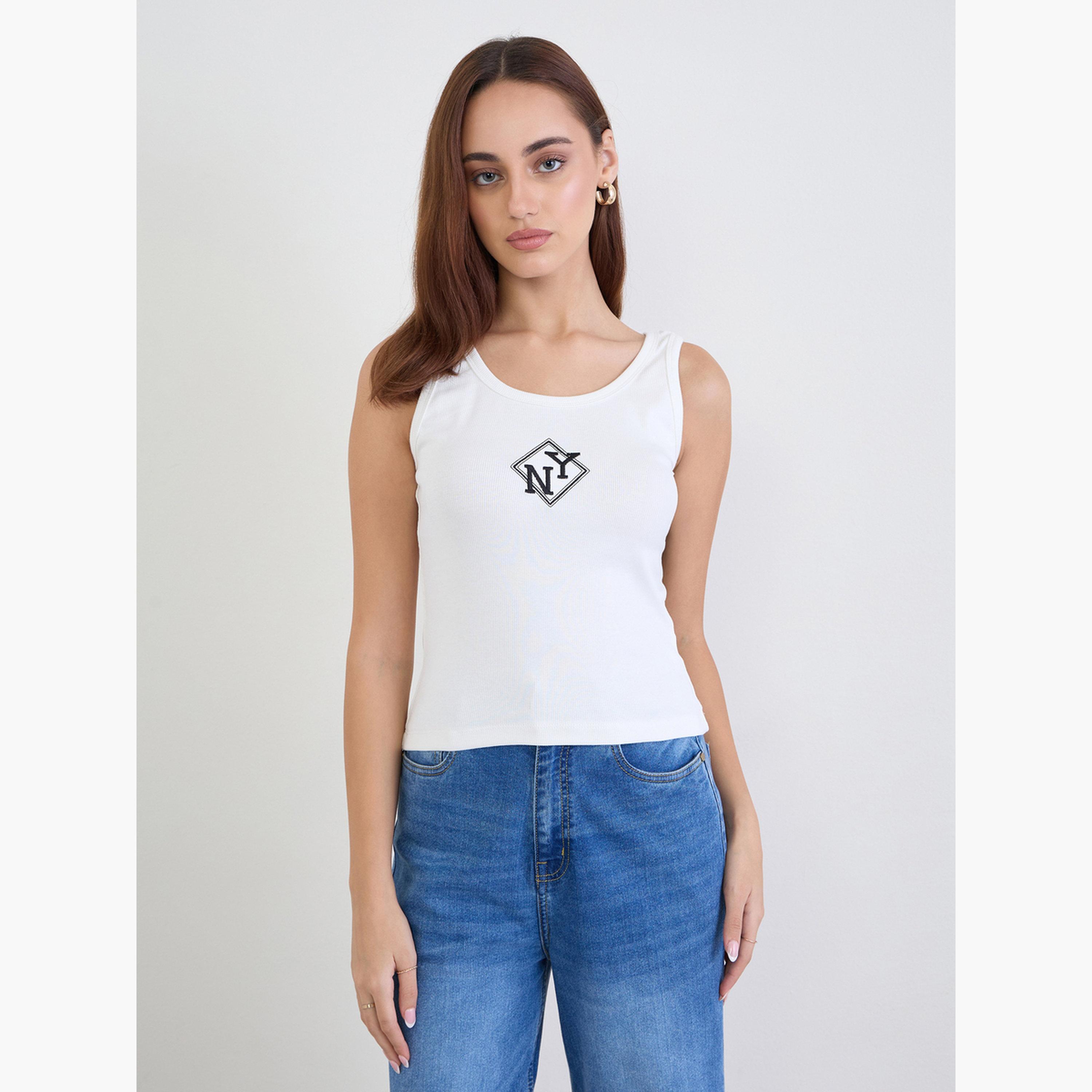 Styli Women Off White Embroidered Fitted Tank-women-clothing-tshirts-image-1