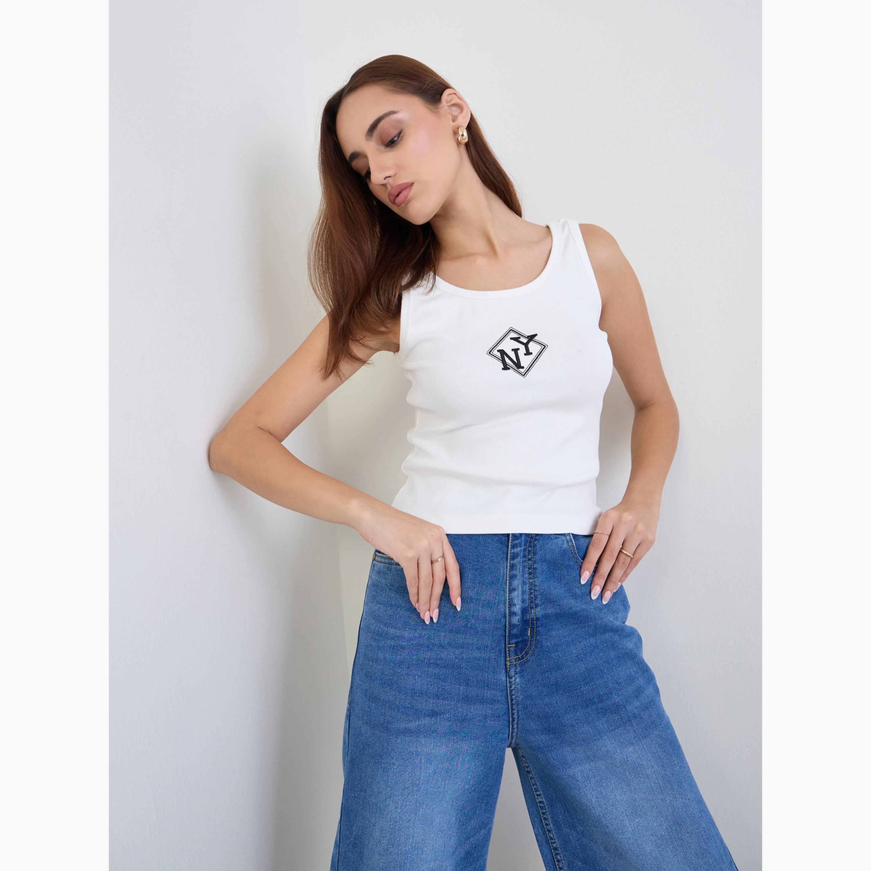 Styli Women Off White Embroidered Fitted Tank-women-clothing-tshirts-image-3