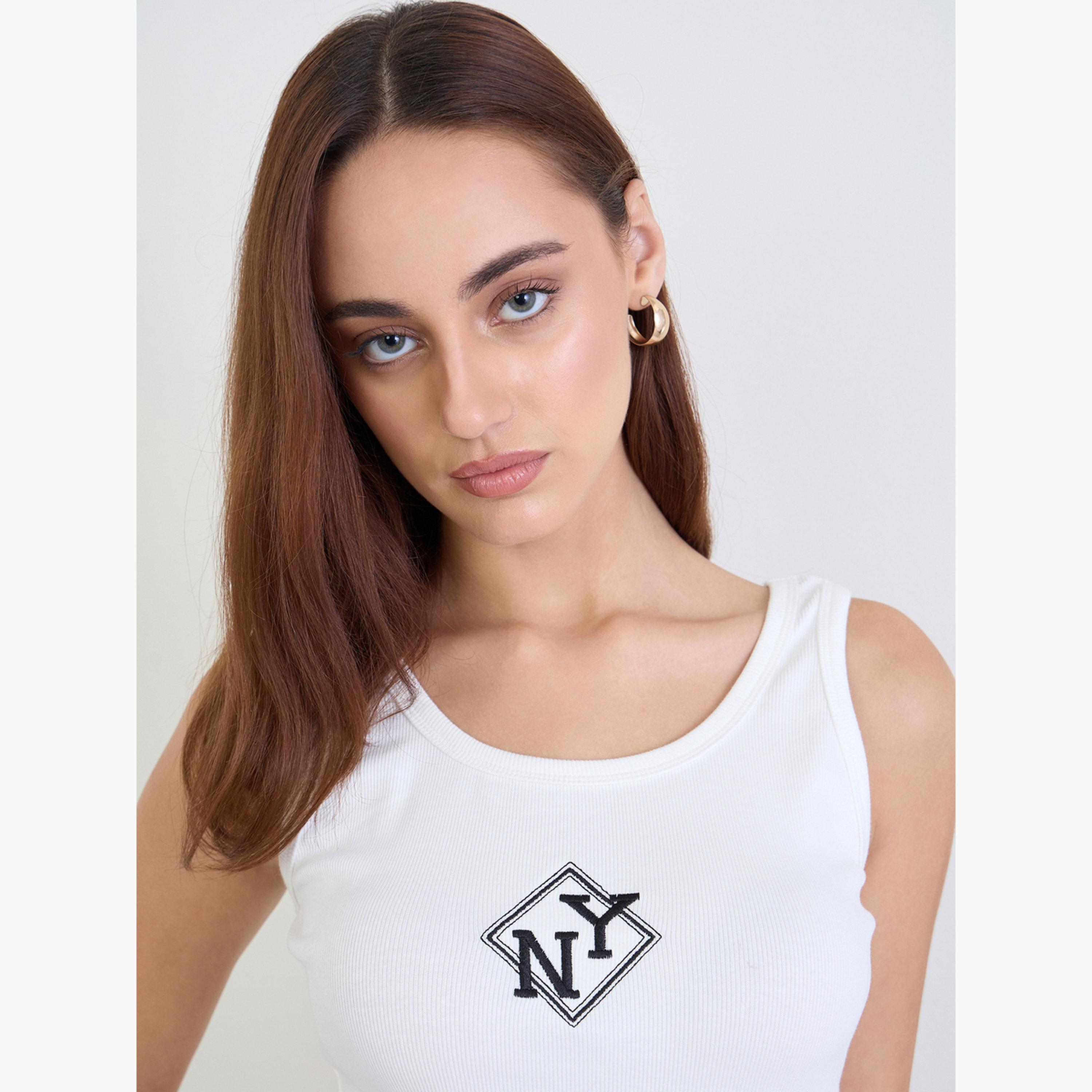 Styli Women Off White Embroidered Fitted Tank-women-clothing-tshirts-image-4