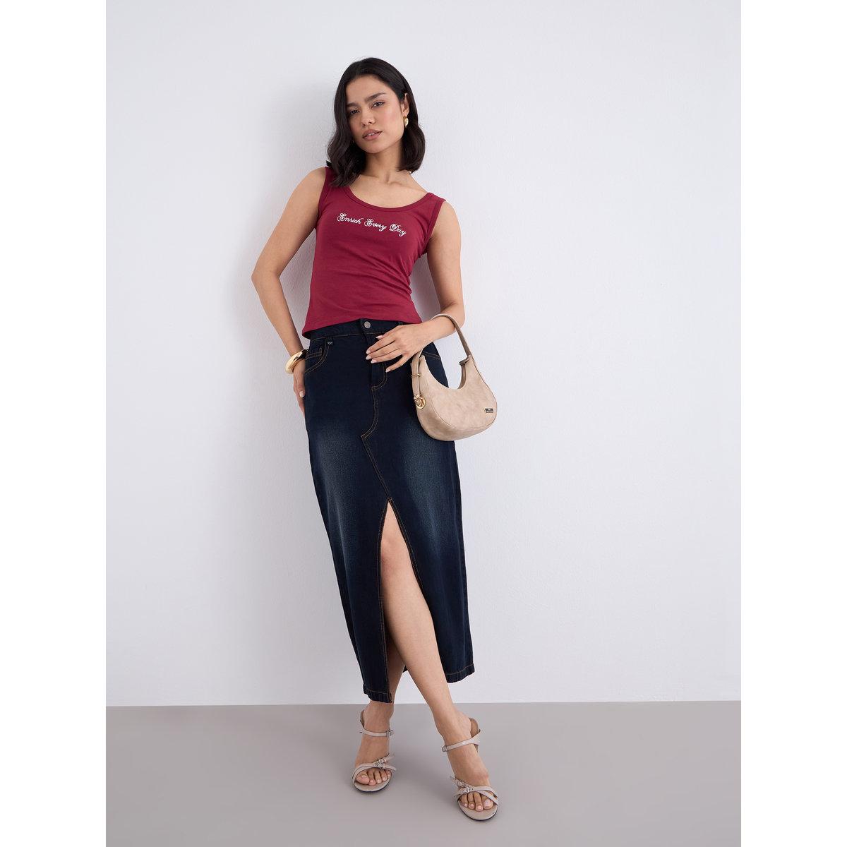 Styli Maroon Fitted Embroidered Tank-women-clothing-tshirts-image-2