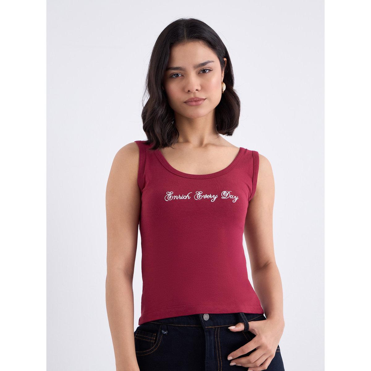 Styli Maroon Fitted Embroidered Tank-women-clothing-tshirts-image-3