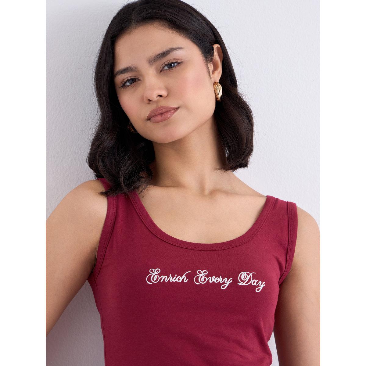 Styli Maroon Fitted Embroidered Tank-women-clothing-tshirts-image-4