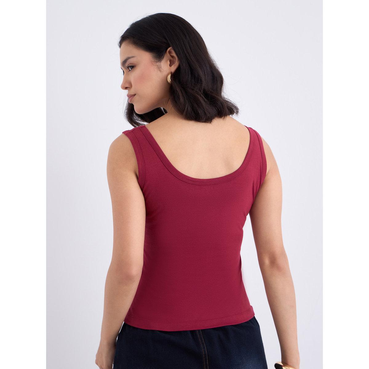 Styli Maroon Fitted Embroidered Tank-women-clothing-tshirts-image-5