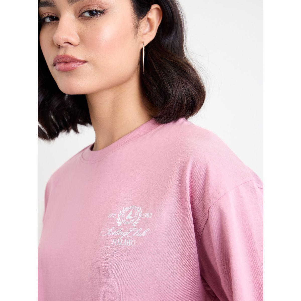 Styli Pink Embroidered Detail Oversized T-Shirt-women-clothing-tshirts-image-3