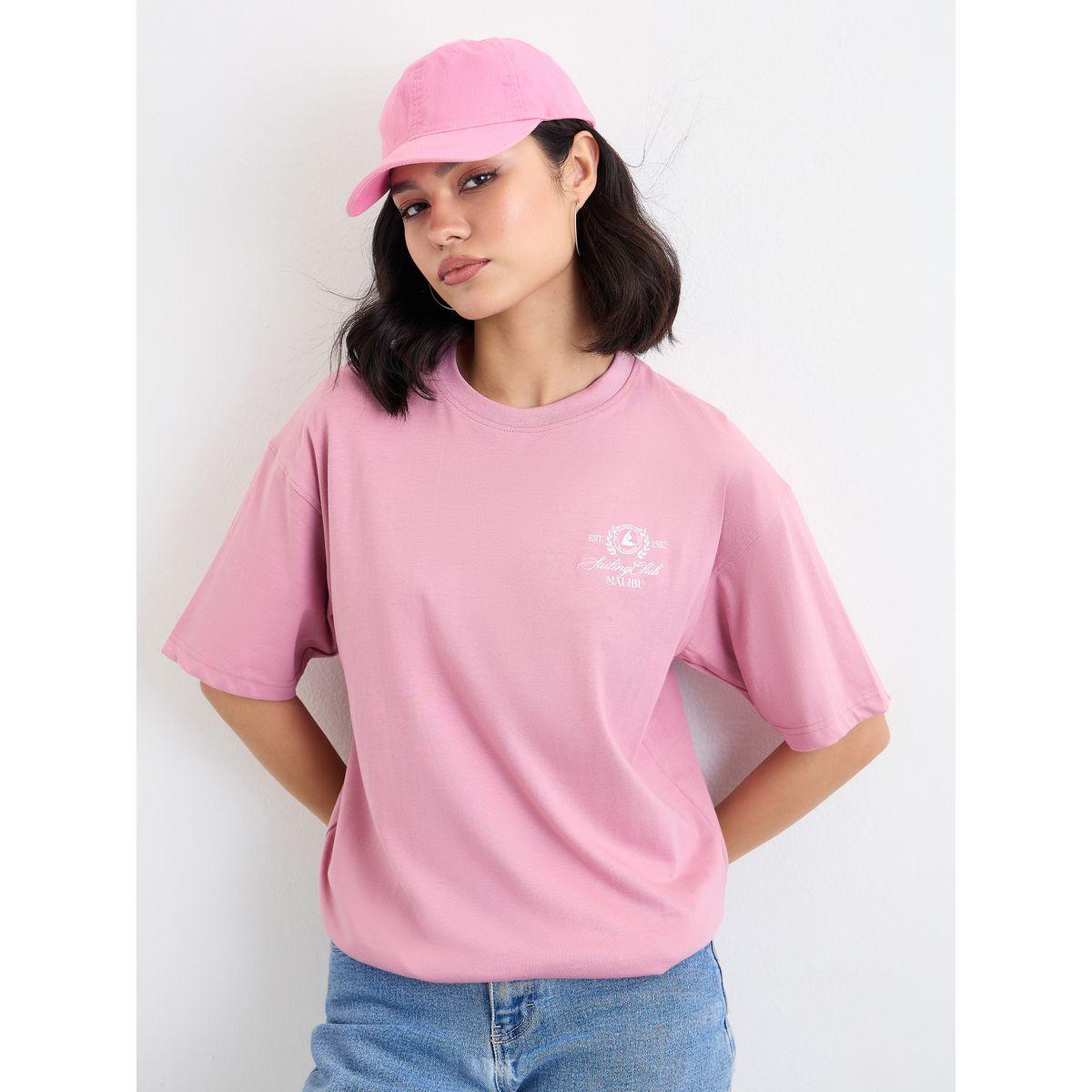 Styli Pink Embroidered Detail Oversized T-Shirt-women-clothing-tshirts-image-5