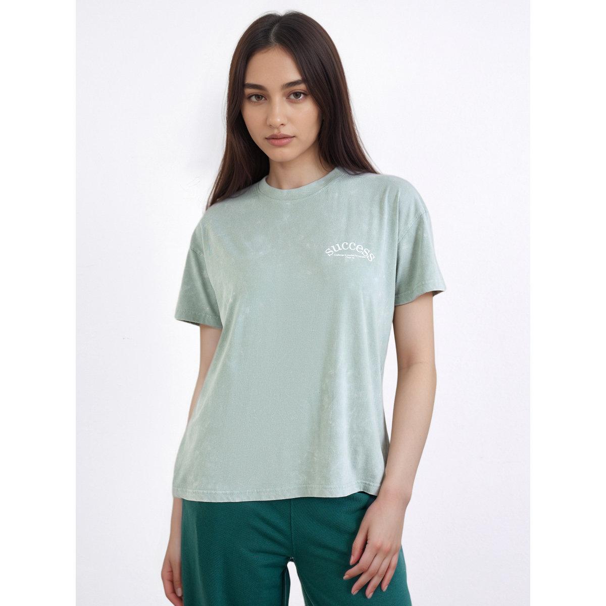 Styli Green Boxy Fit T-Shirt with Slogan Print-women-clothing-tshirts-image-1