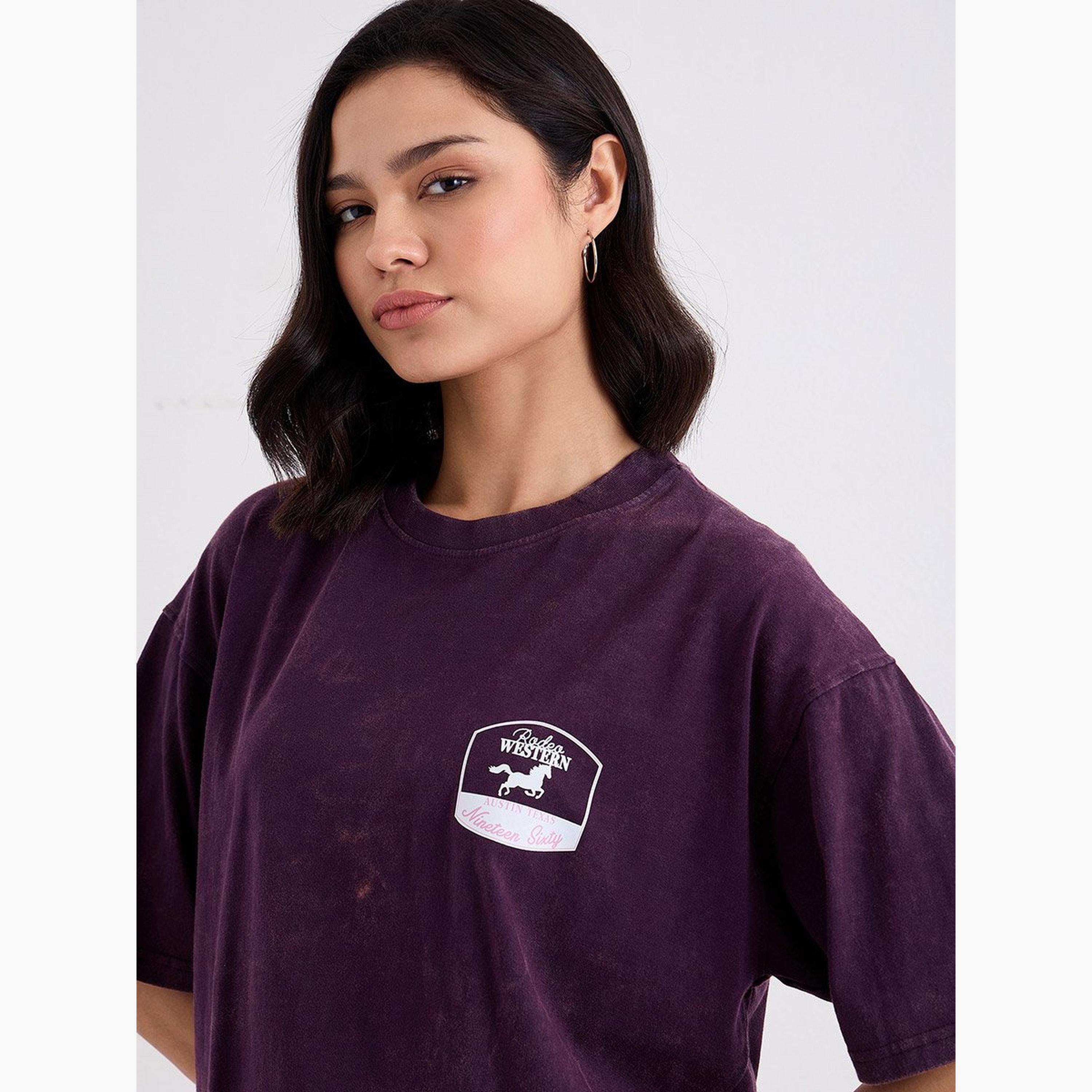 ستايلي - تي شيرت للنساء مقاس كبير مغسول بالحامض أرجواني اللون-women-clothing-tshirts-image-3