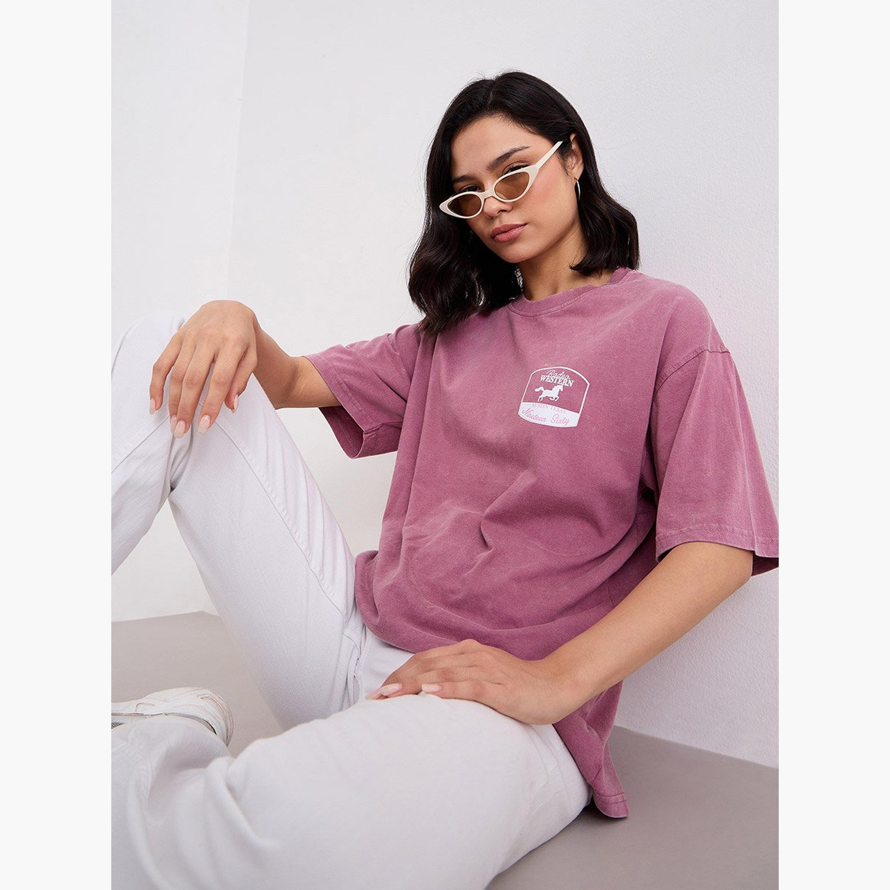 ستايلي - تي شيرت للنساء وردي اللون مغسول بحمض مقاس كبير-women-clothing-tshirts-image-5