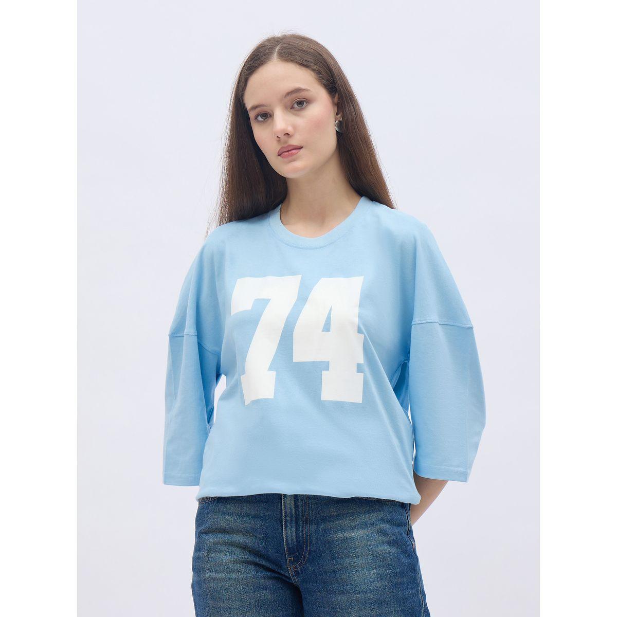 Styli Women Light Blue Exaggerated Shoulder Graphic Oversized T-Shirt-women-clothing-tshirts-image-2