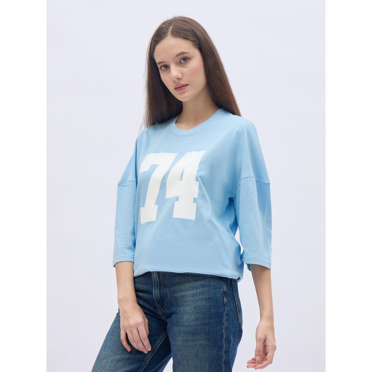 Styli Women Light Blue Exaggerated Shoulder Graphic Oversized T-Shirt-women-clothing-tshirts-image-3