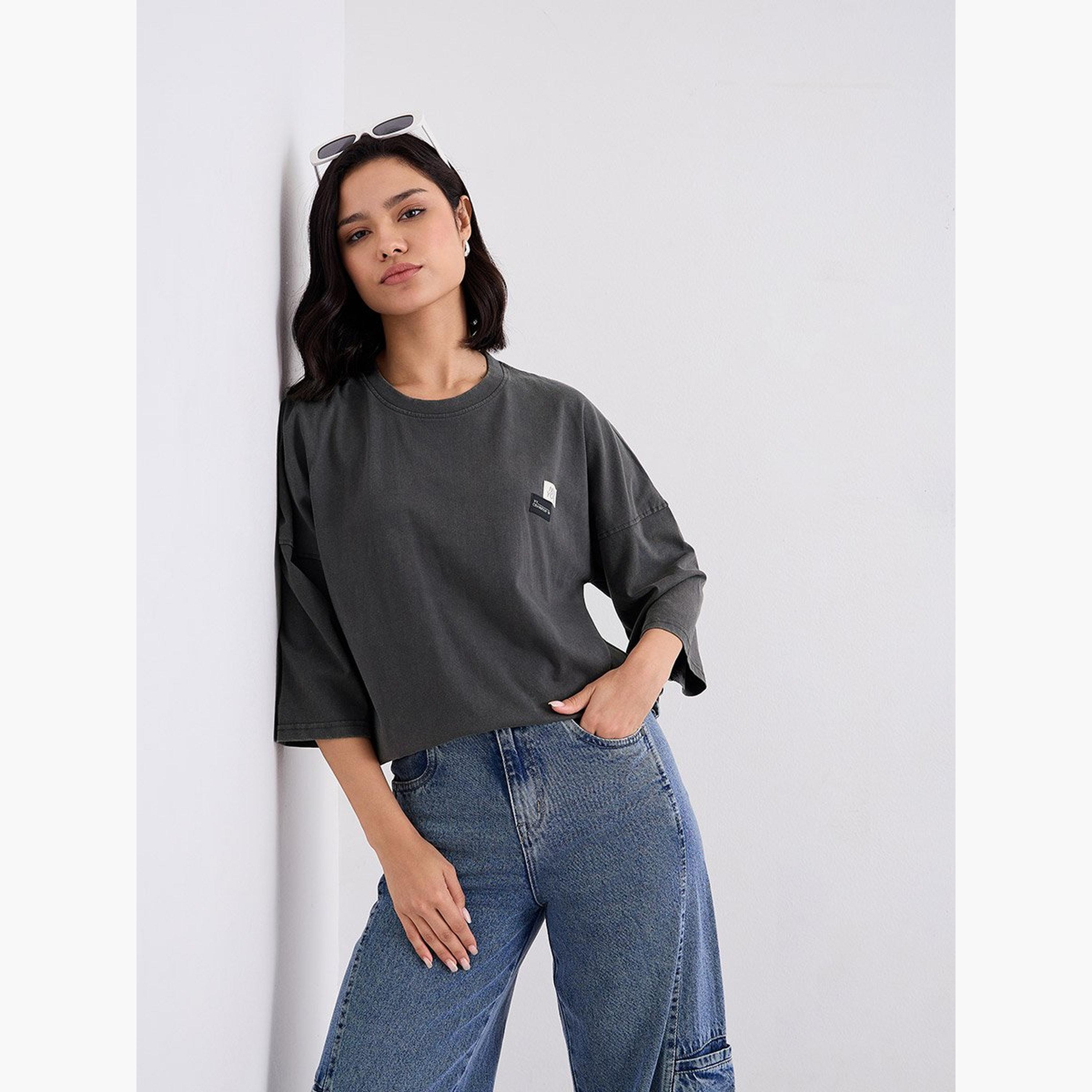 Styli Acid Wash Oversized T-Shirt with Badge Detail-women-clothing-tshirts-image-5