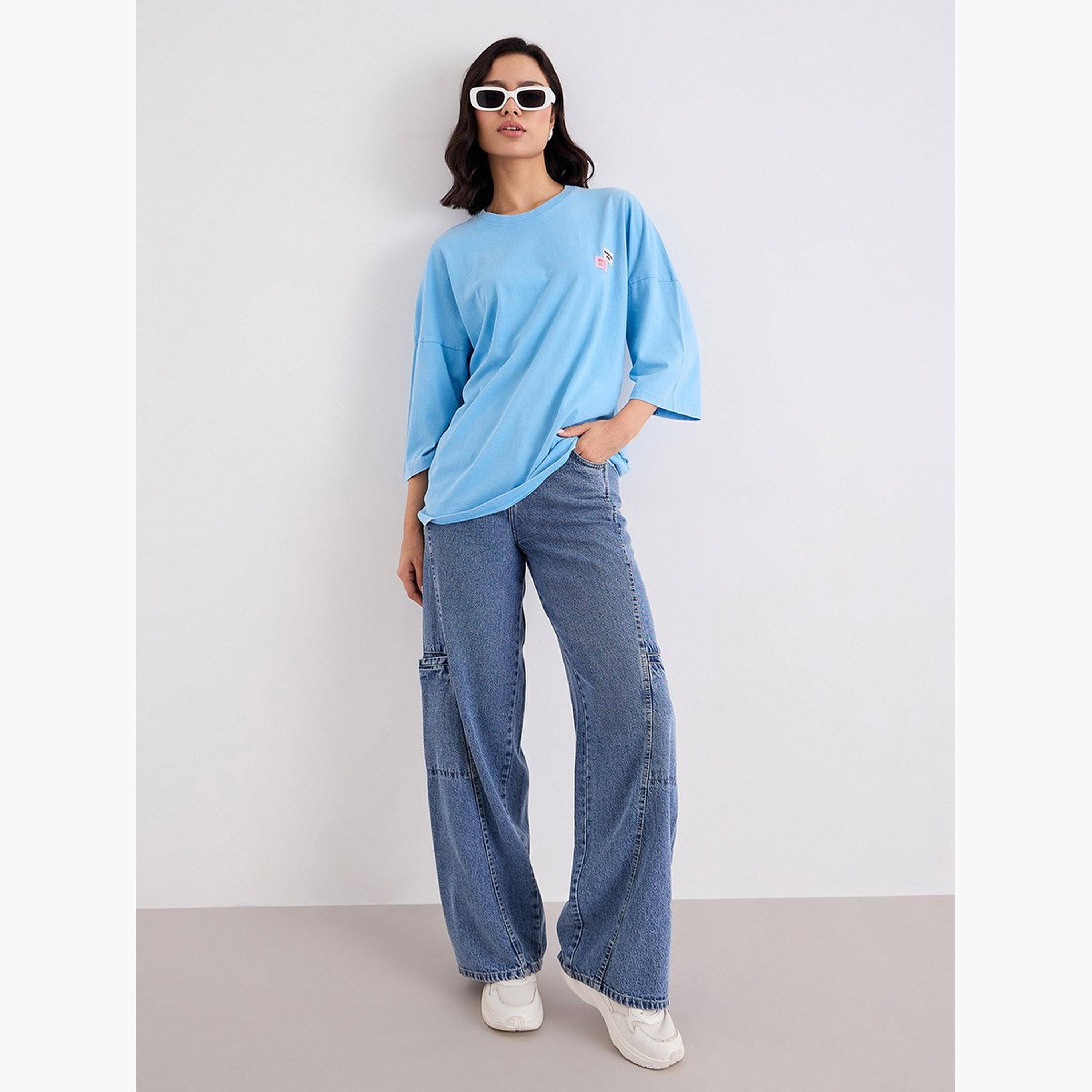 Styli Acid Wash Oversized T-Shirt with Badge Detail-women-clothing-tshirts-image-2