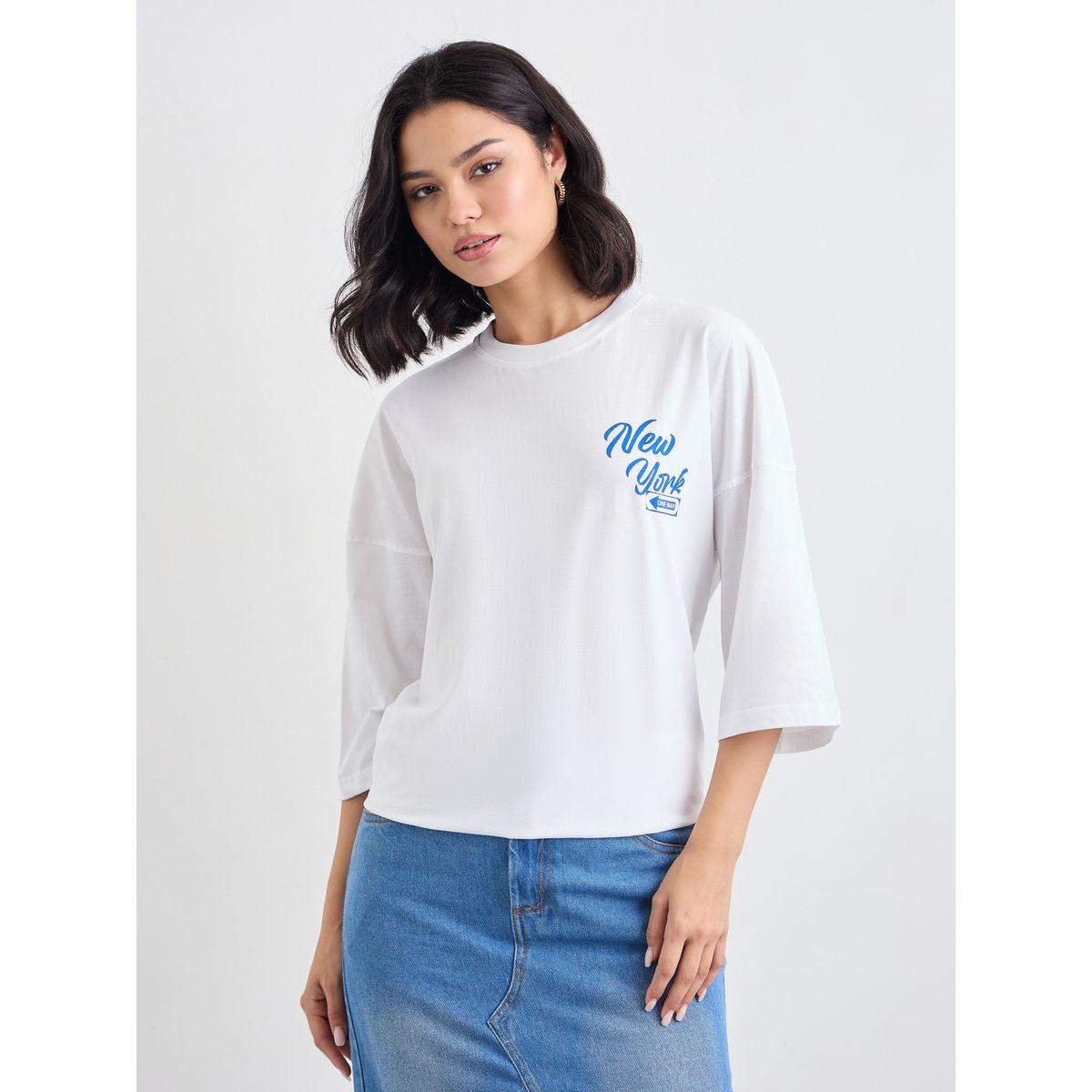Styli Slogan Print Exaggerated Shoulder T-Shirt-women-clothing-tshirts-image-2