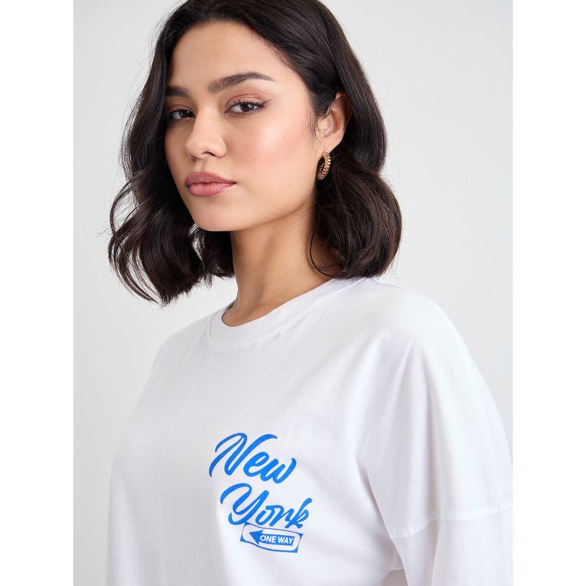 Styli Slogan Print Exaggerated Shoulder T-Shirt-women-clothing-tshirts-image-3