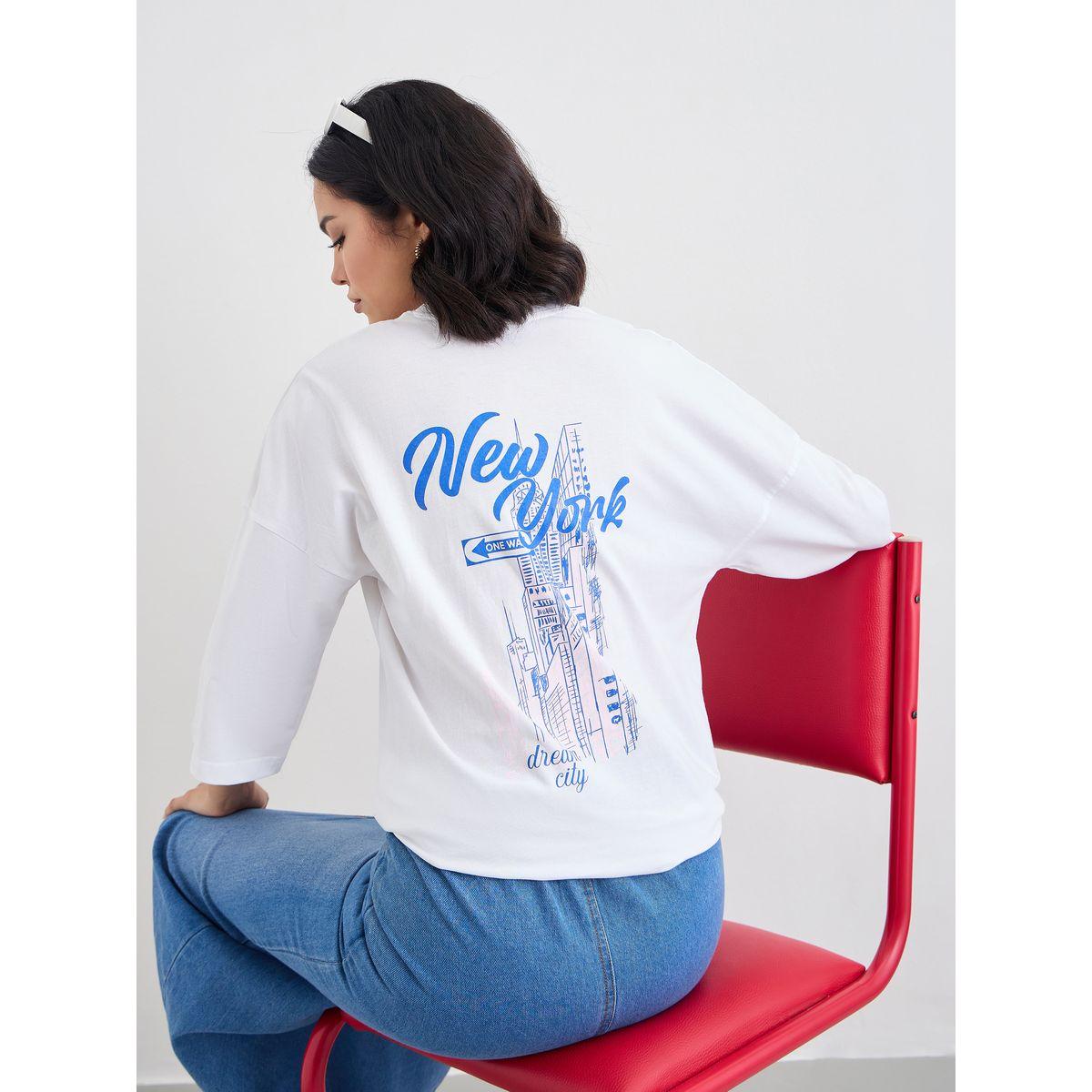 Styli Slogan Print Exaggerated Shoulder T-Shirt-women-clothing-tshirts-image-5