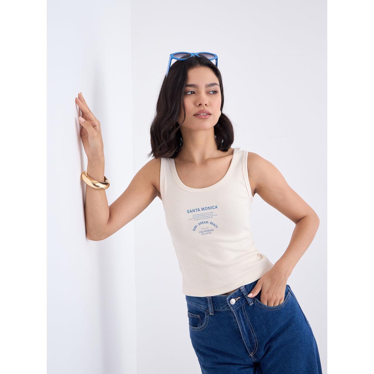 Styli Off White Fitted Ribbed Tank-women-clothing-tshirts-image-1