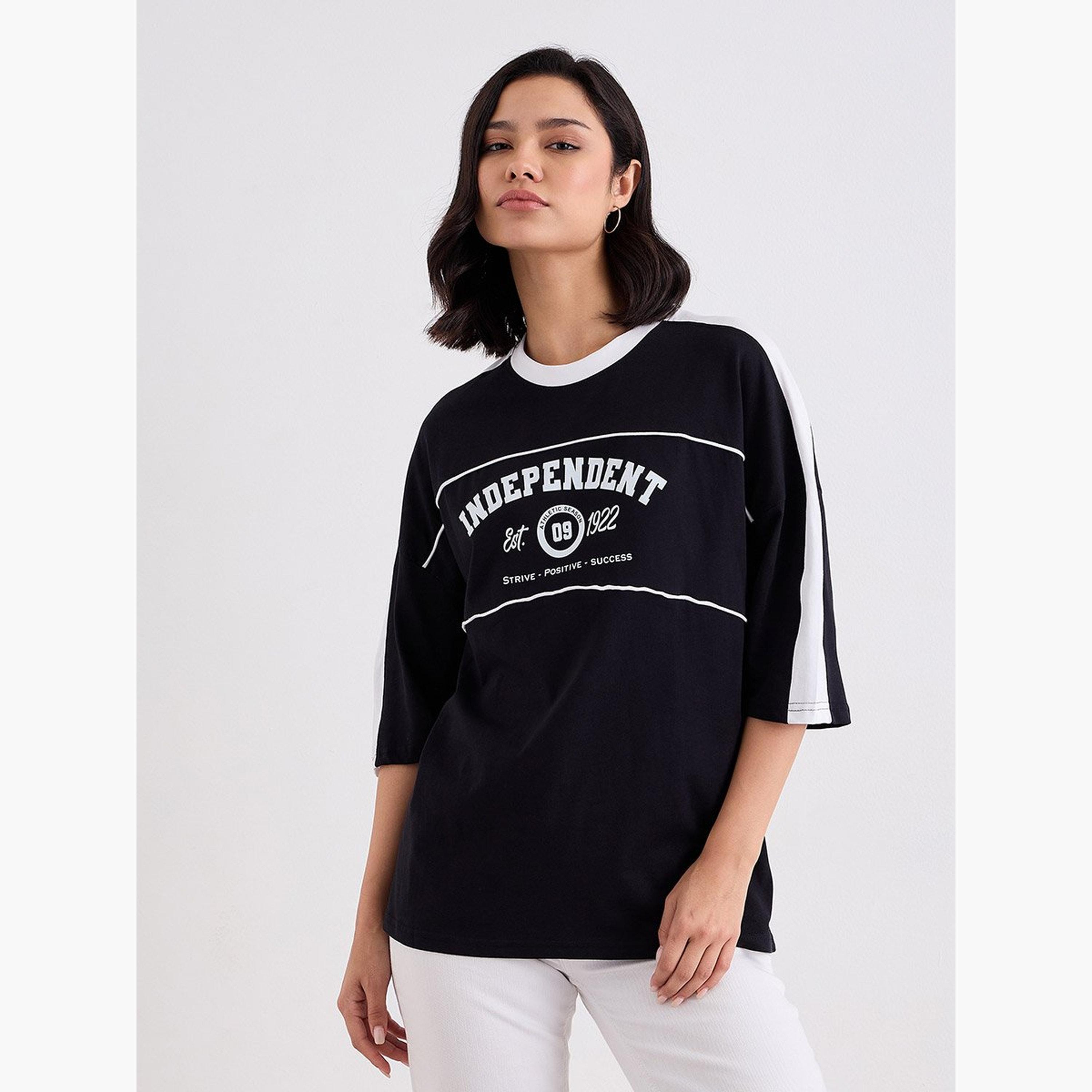 Styli Graphic Print Oversized T-Shirt with Piping Detail-women-clothing-tshirts-image-1