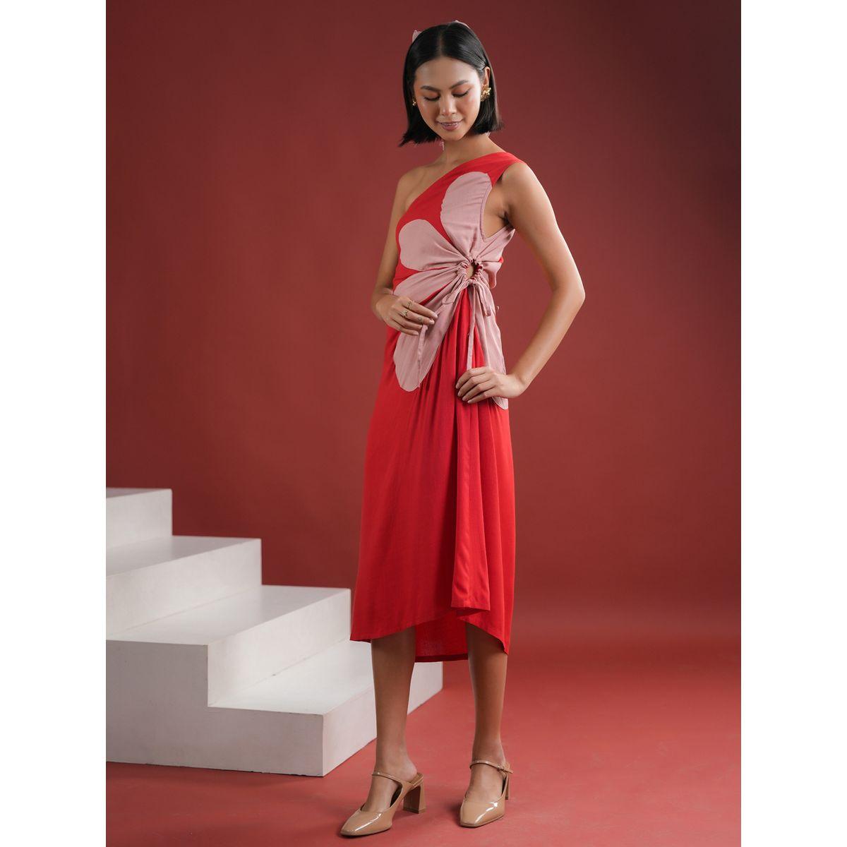 Sanskrutihomes Floral Print One Shoulder Neck Midi Dress with Ruched Detail-women-clothing-dresses-image-3