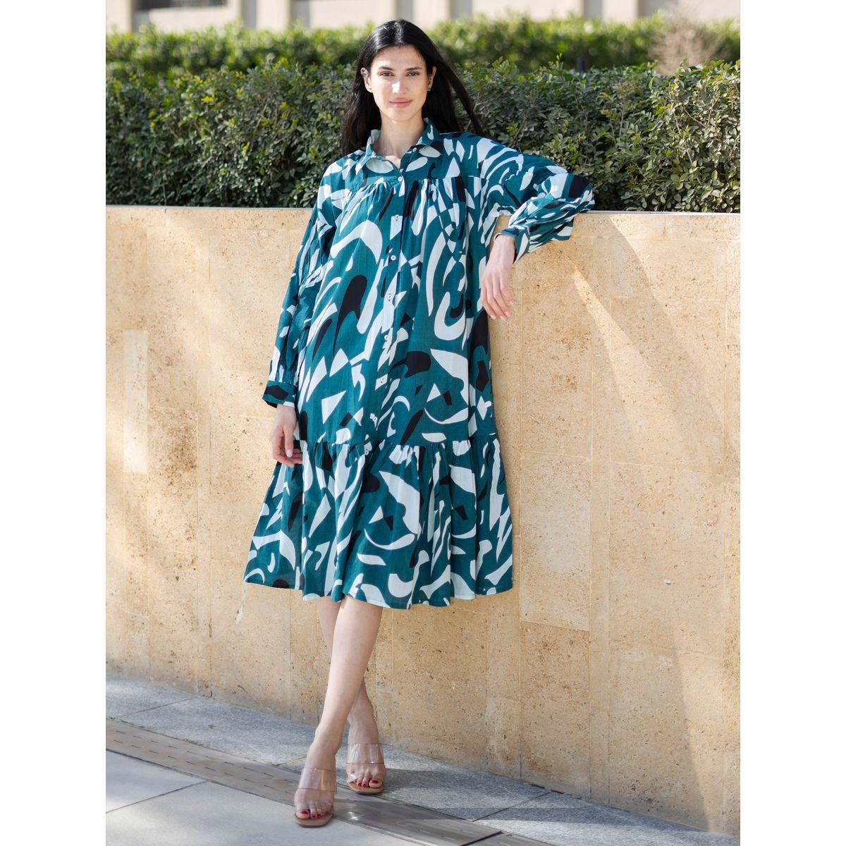 Sanskrutihomes Abstract Print Collared A-Line Knee-Length Dress-women-clothing-dresses-image-1
