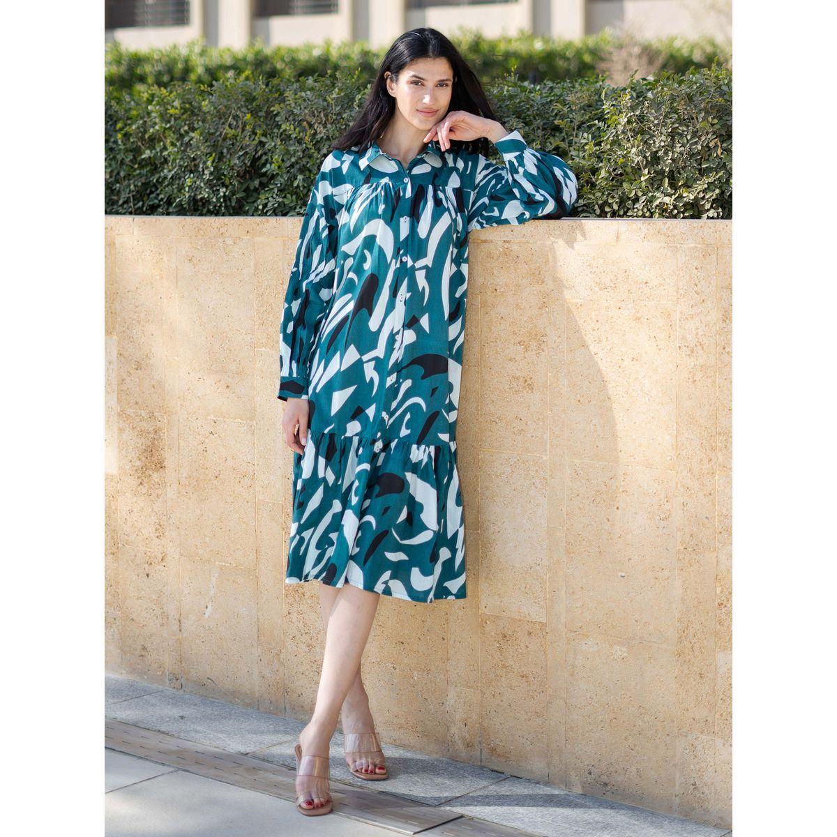Sanskrutihomes Abstract Print Collared A-Line Knee-Length Dress-women-clothing-dresses-image-3