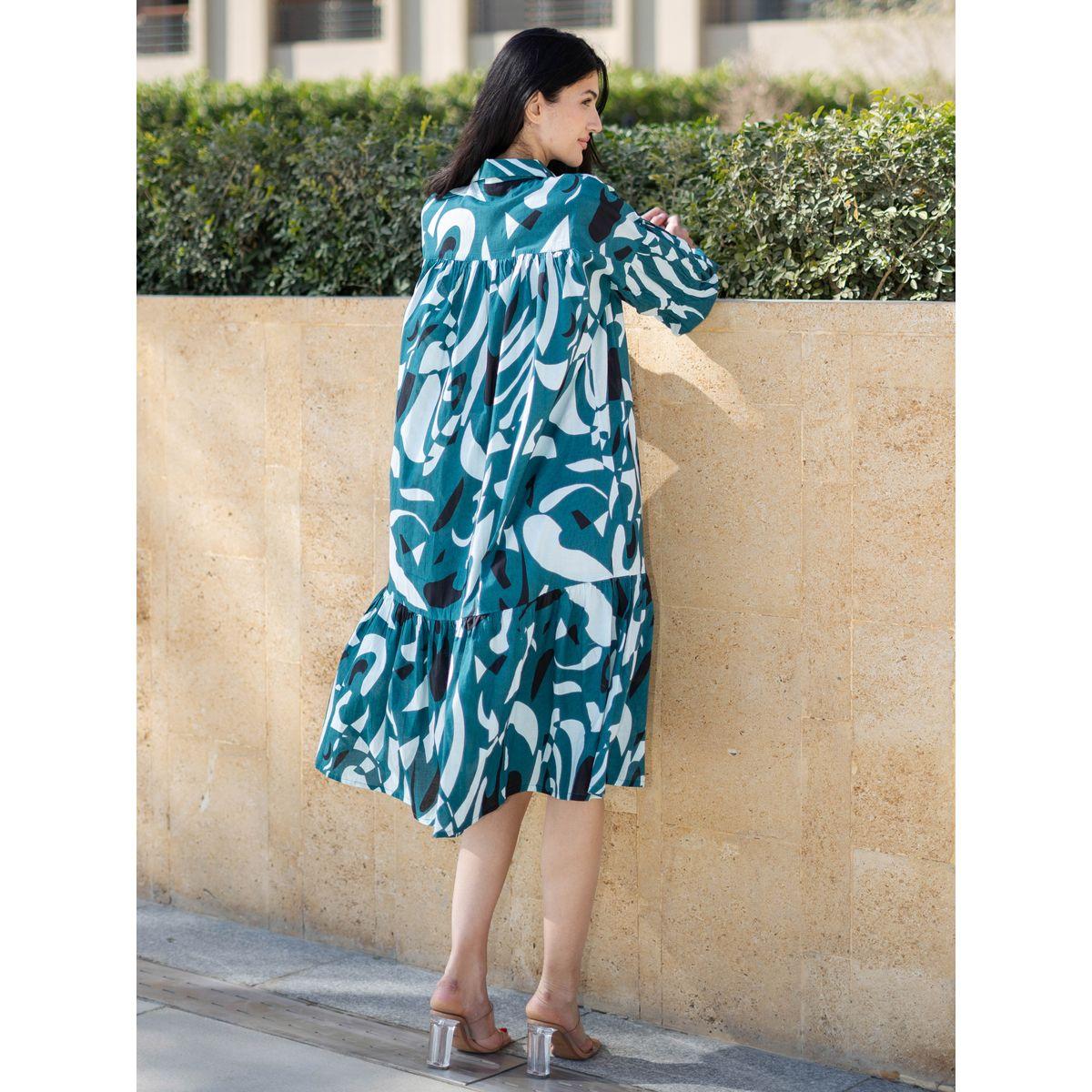 Sanskrutihomes Abstract Print Collared A-Line Knee-Length Dress-women-clothing-dresses-image-4