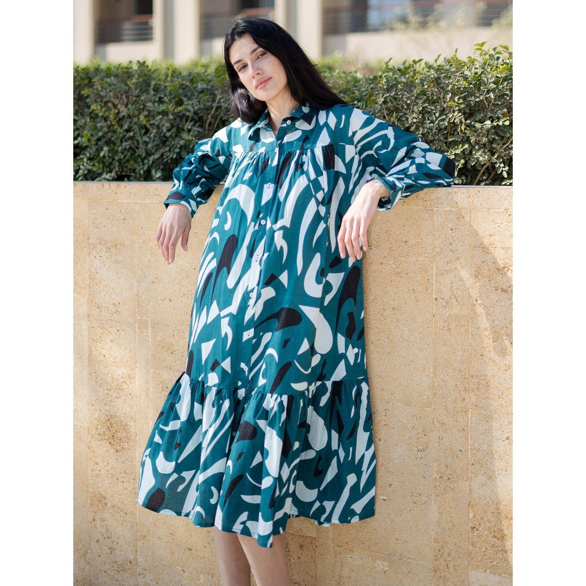 Sanskrutihomes Abstract Print Collared A-Line Knee-Length Dress-women-clothing-dresses-image-6