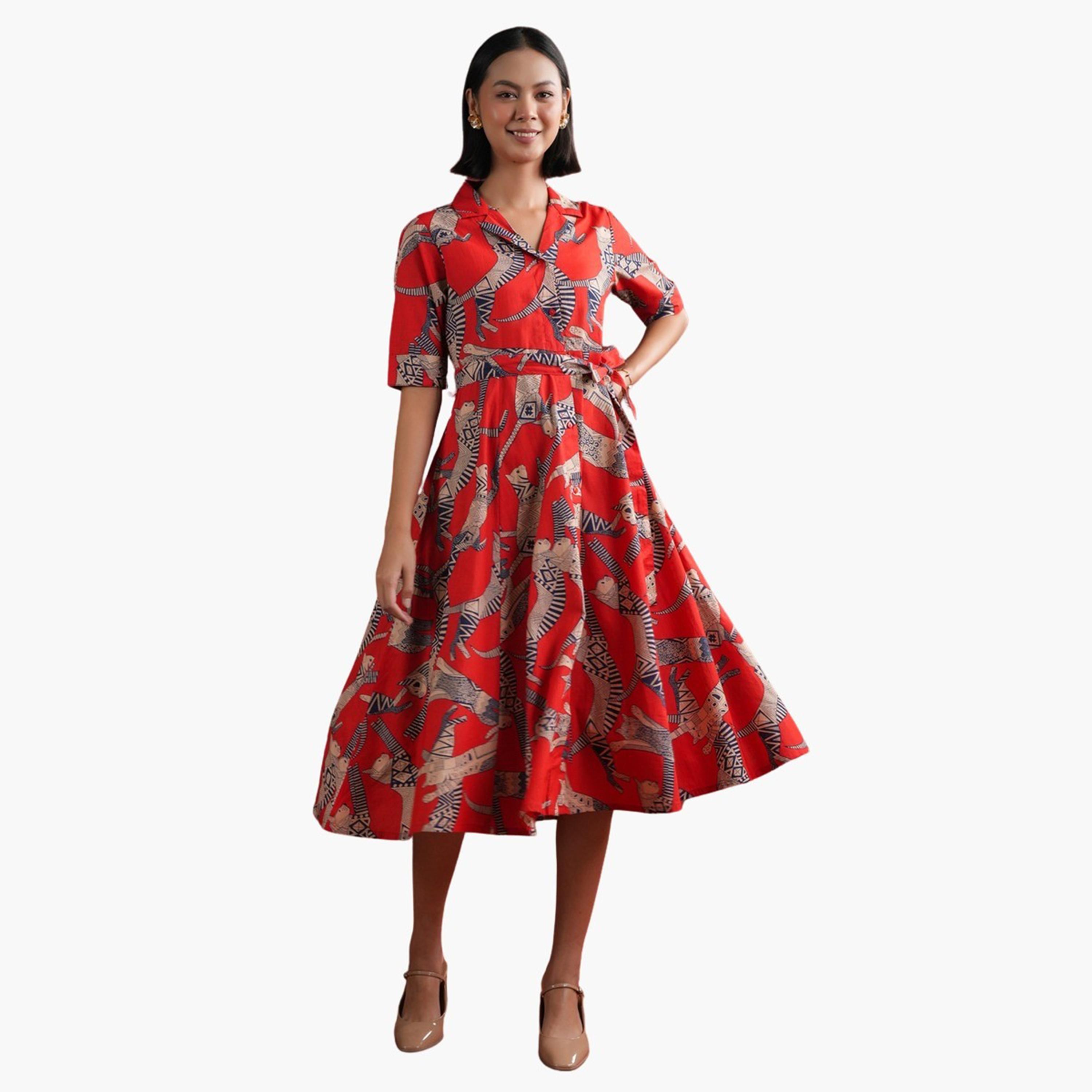 Sanskrutihomes X Styli Floral Print A-Line Collared Midi Dress-women-clothing-dresses-image-2