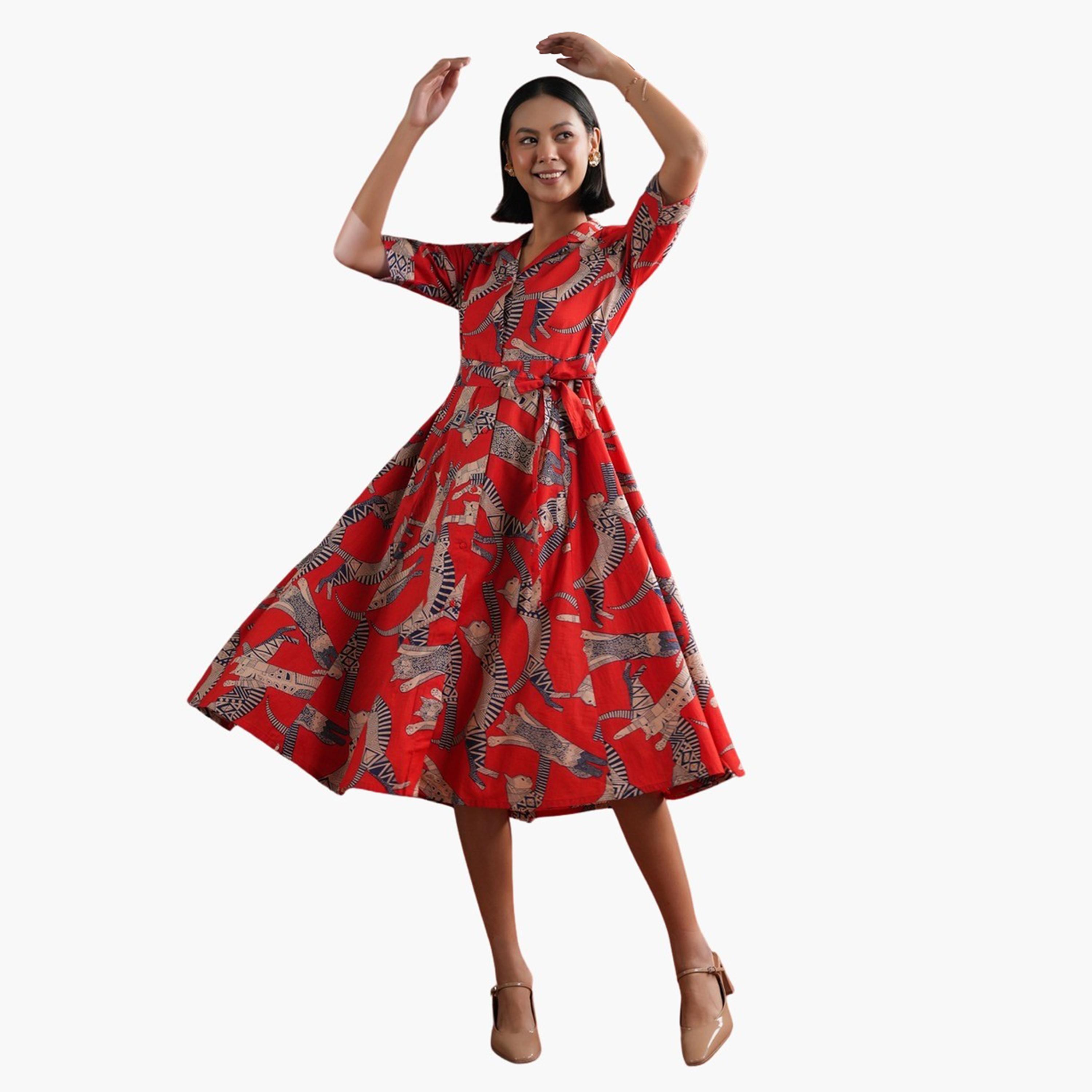Sanskrutihomes X Styli Floral Print A-Line Collared Midi Dress-women-clothing-dresses-image-5