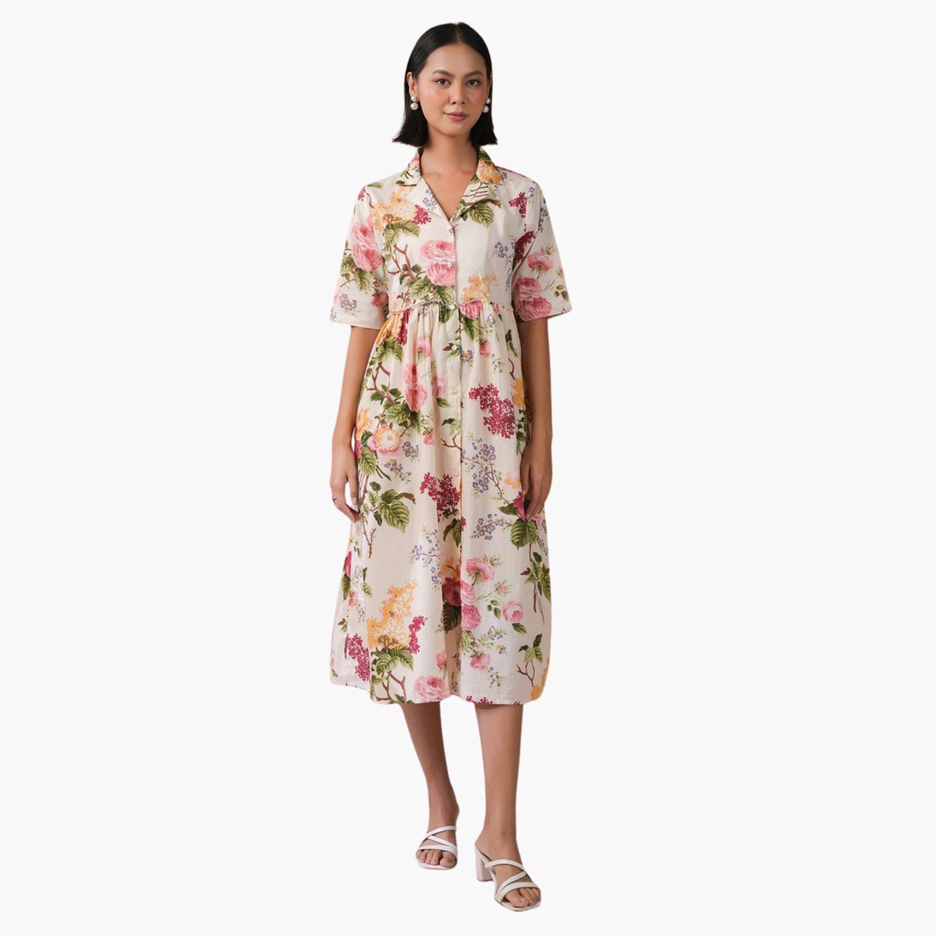 Sanskrutihomes X Styli Floral Print Buttoned Collared Midi Dress-women-clothing-dresses-image-1
