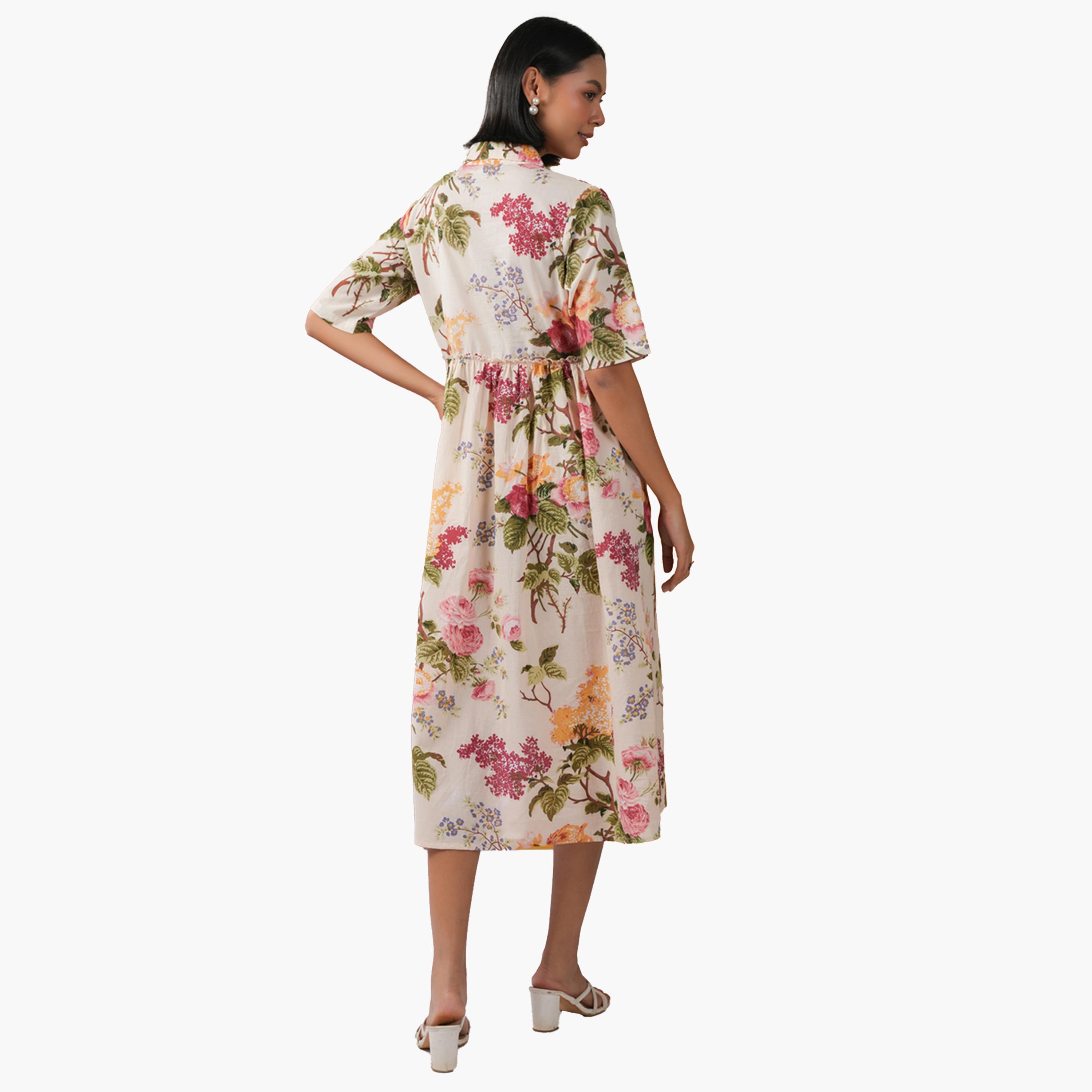 Sanskrutihomes X Styli Floral Print Buttoned Collared Midi Dress-women-clothing-dresses-image-2