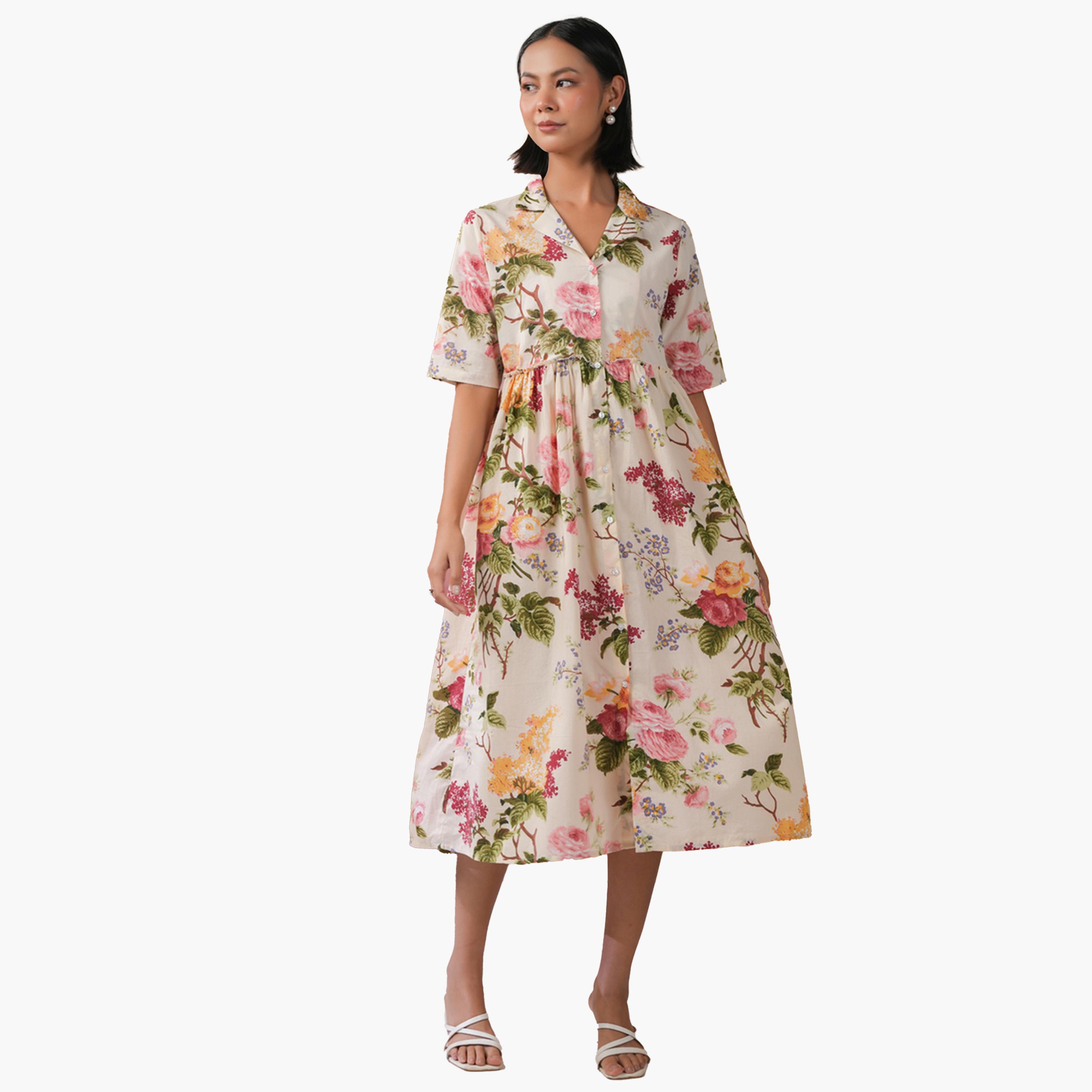 سانسكروتي هومز × ستايلي-  فستان ميدي ياقة وأزرار وطبعة زهور-women-clothing-dresses-image-3