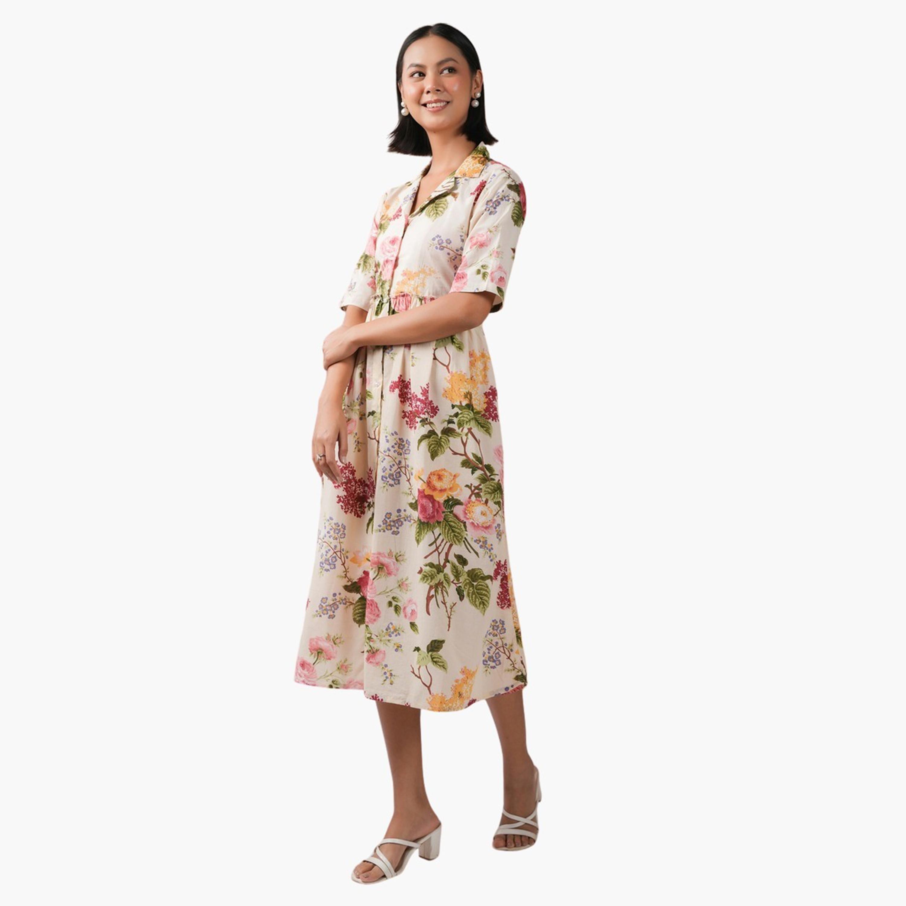 سانسكروتي هومز × ستايلي-  فستان ميدي ياقة وأزرار وطبعة زهور-women-clothing-dresses-image-5