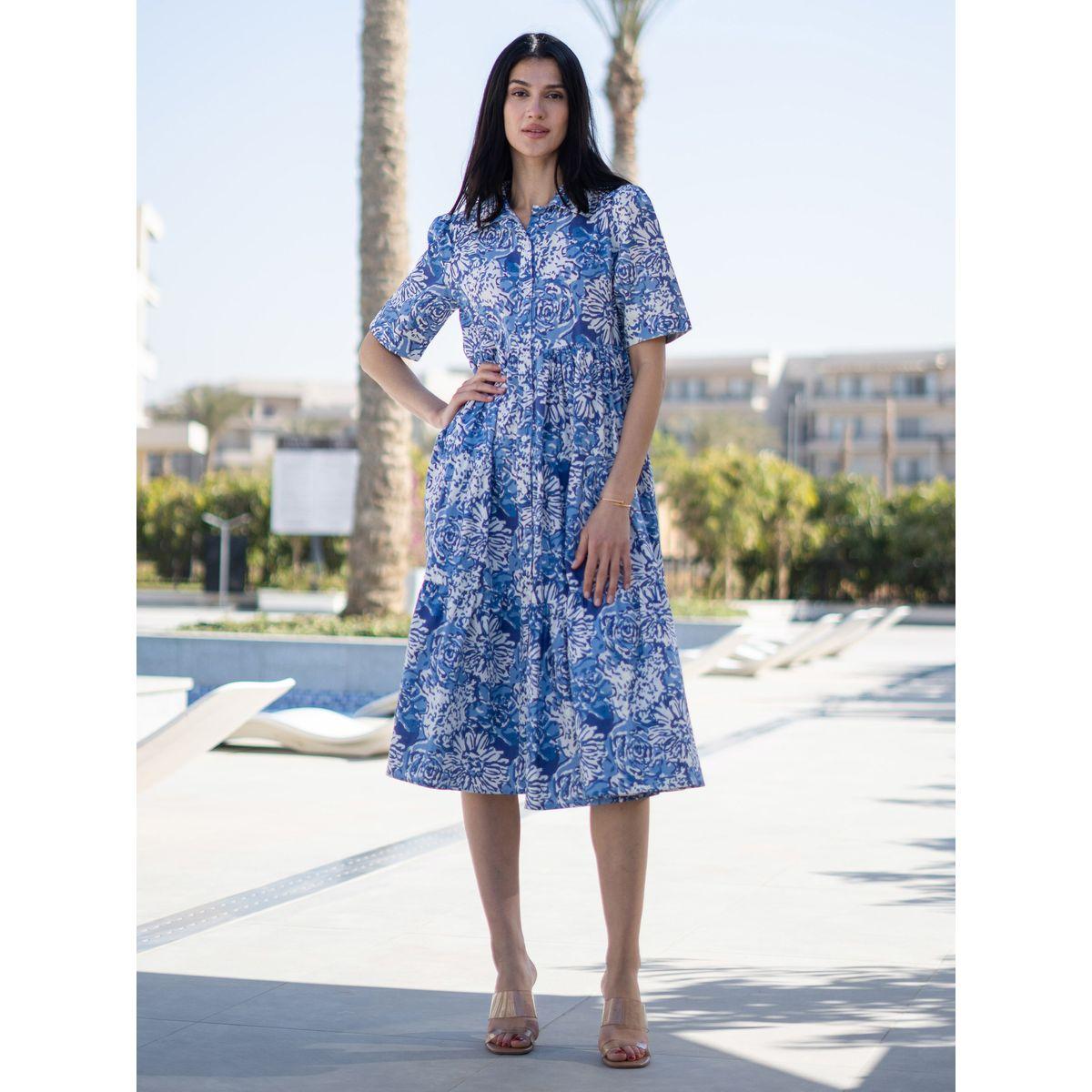 Sanskrutihomes Floral Print Collared Tiered Knee-Length Dress-women-clothing-dresses-image-1