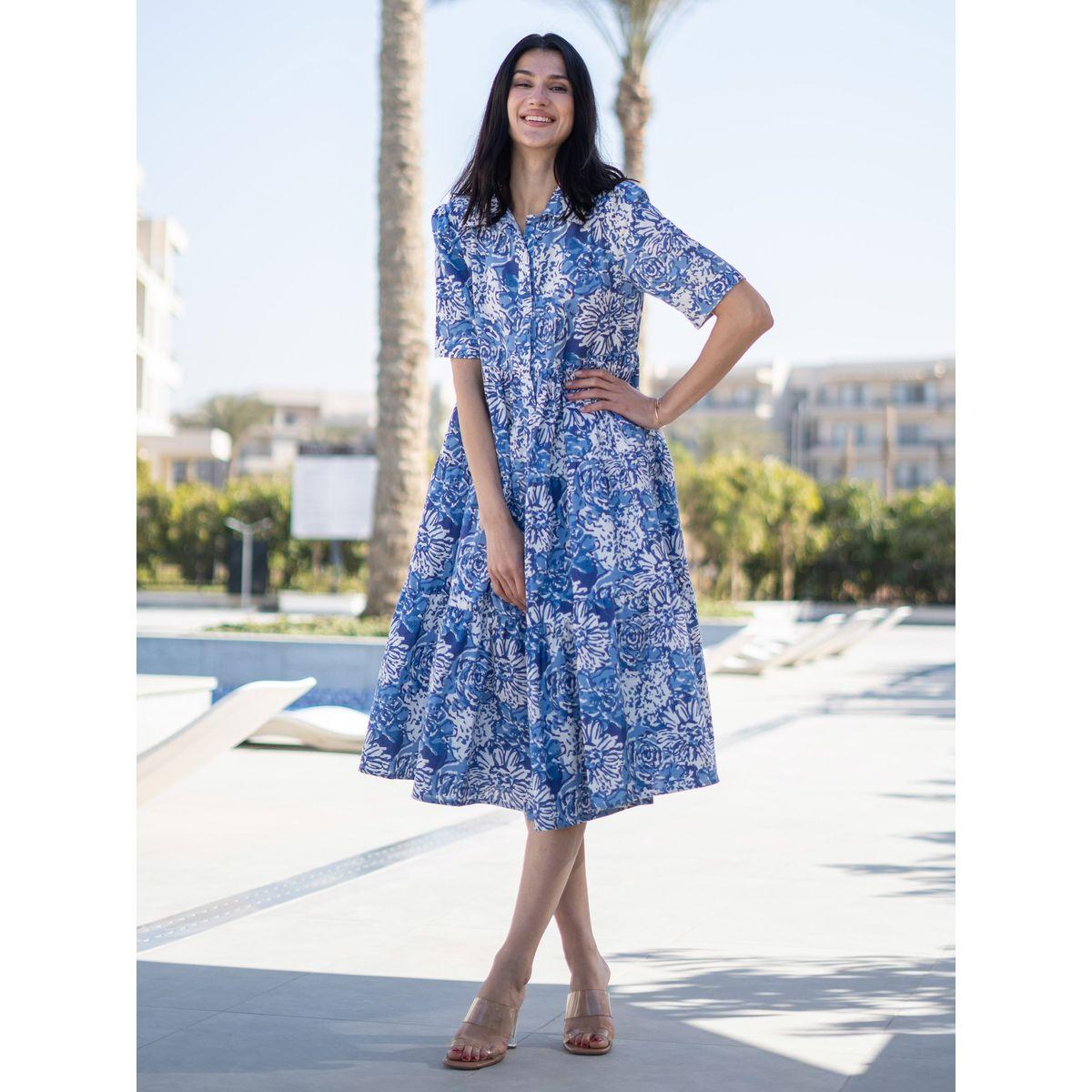 فستان بطول الركبة بطبعة زهور وكسرات-women-clothing-dresses-image-2