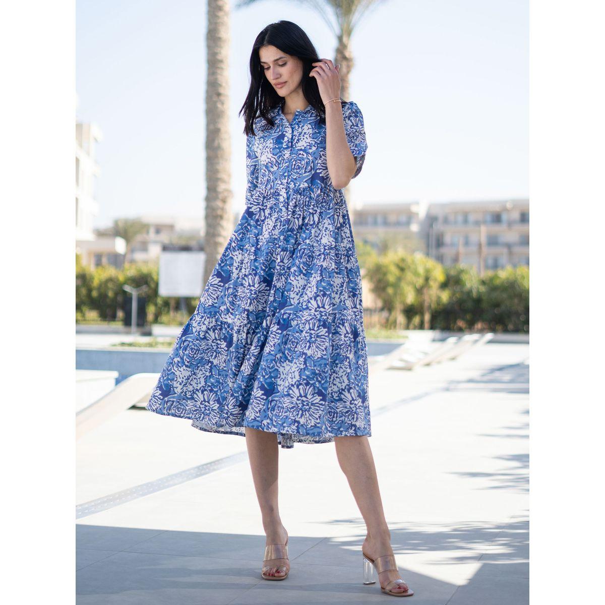 فستان بطول الركبة بطبعة زهور وكسرات-women-clothing-dresses-image-3