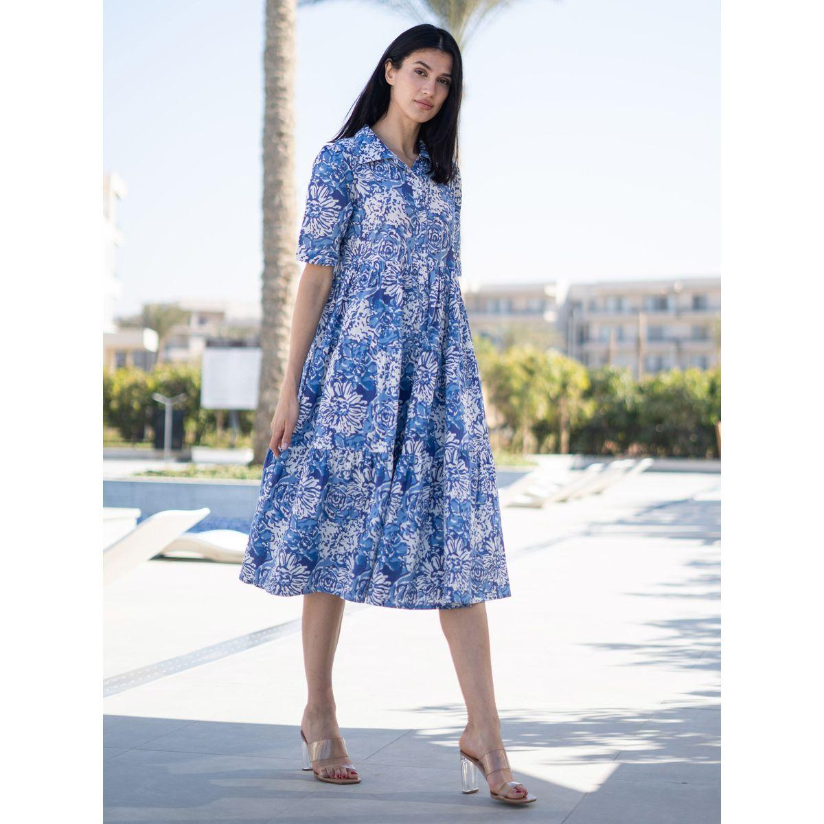 فستان بطول الركبة بطبعة زهور وكسرات-women-clothing-dresses-image-4