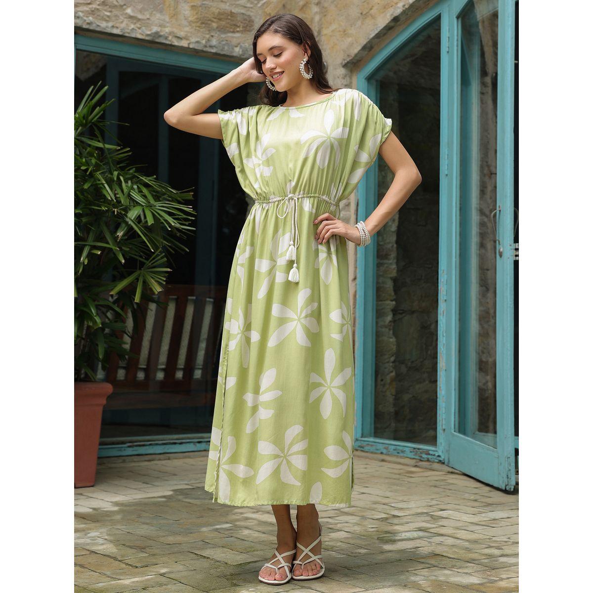 قميص نوم طويل مطبع بتفاصيل خصر مزموم-women-clothing-dresses-image-1