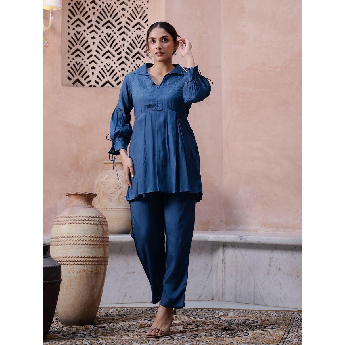 طقم منسق من بنطال وبلوزة قطنية بأكمام طويلة-women-clothing-coordsets-image-1