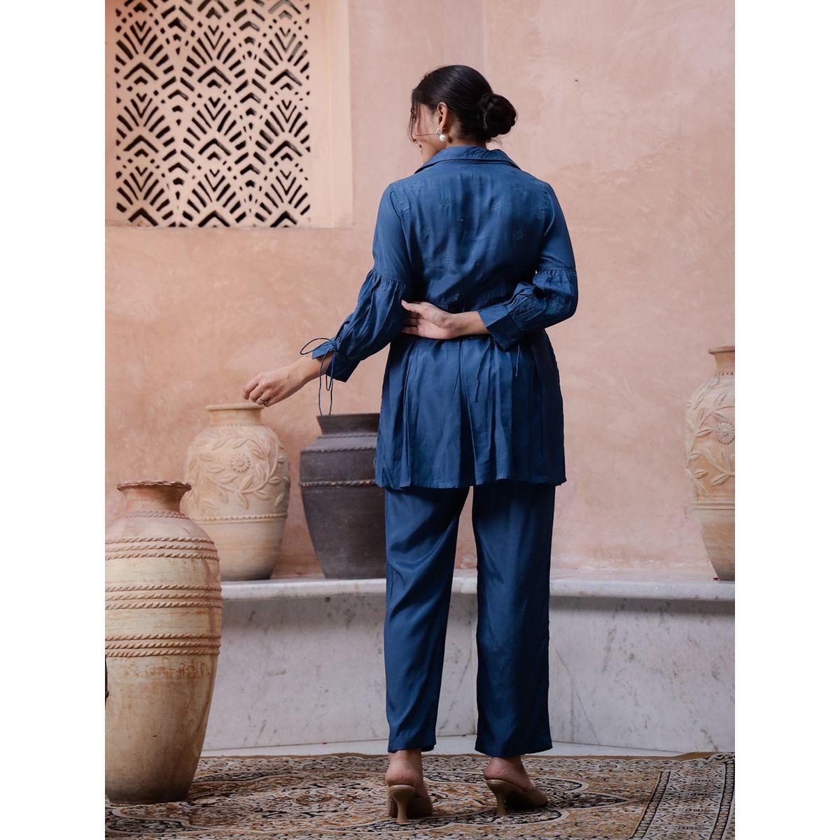 طقم منسق من بنطال وبلوزة قطنية بأكمام طويلة-women-clothing-coordsets-image-2