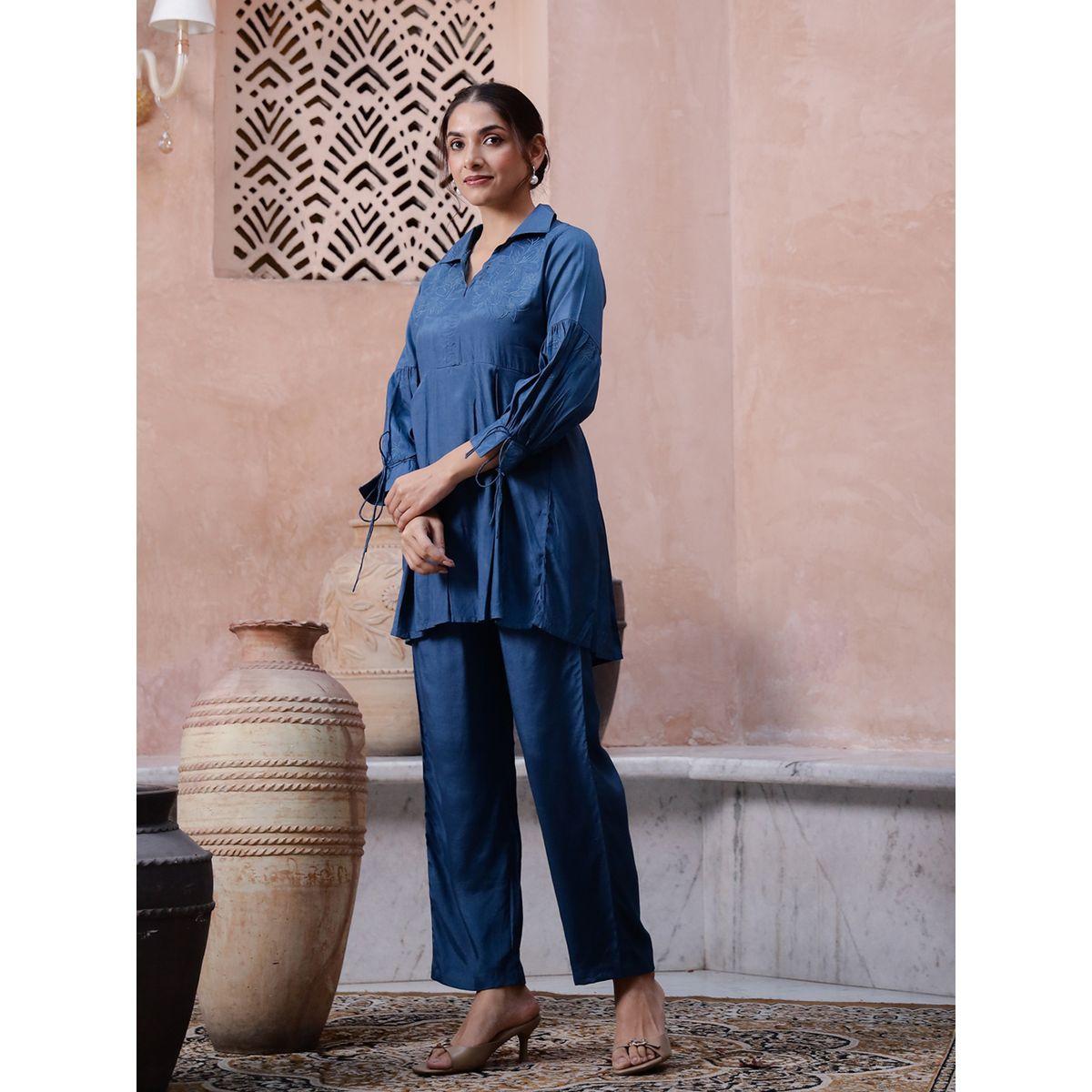 طقم منسق من بنطال وبلوزة قطنية بأكمام طويلة-women-clothing-coordsets-image-3