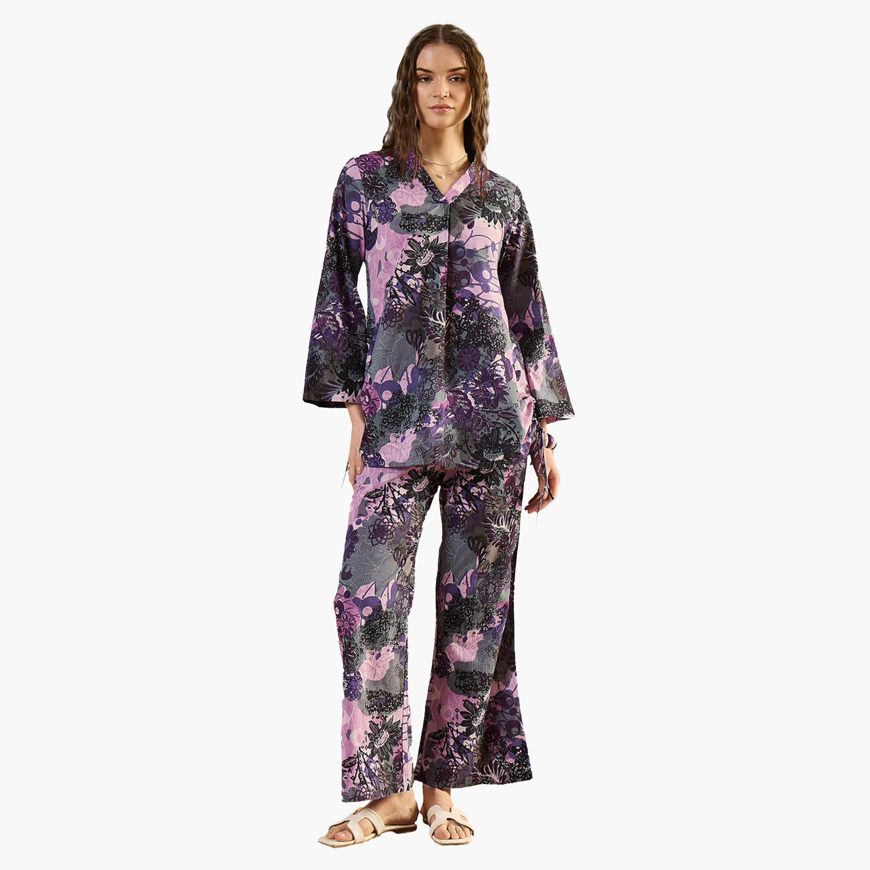 سانسكروتي هومز × ستايلي-  طقم بلوزة وبنطال من القطن الخالص مطبوع عليه زهور-women-clothing-coordsets-image-1