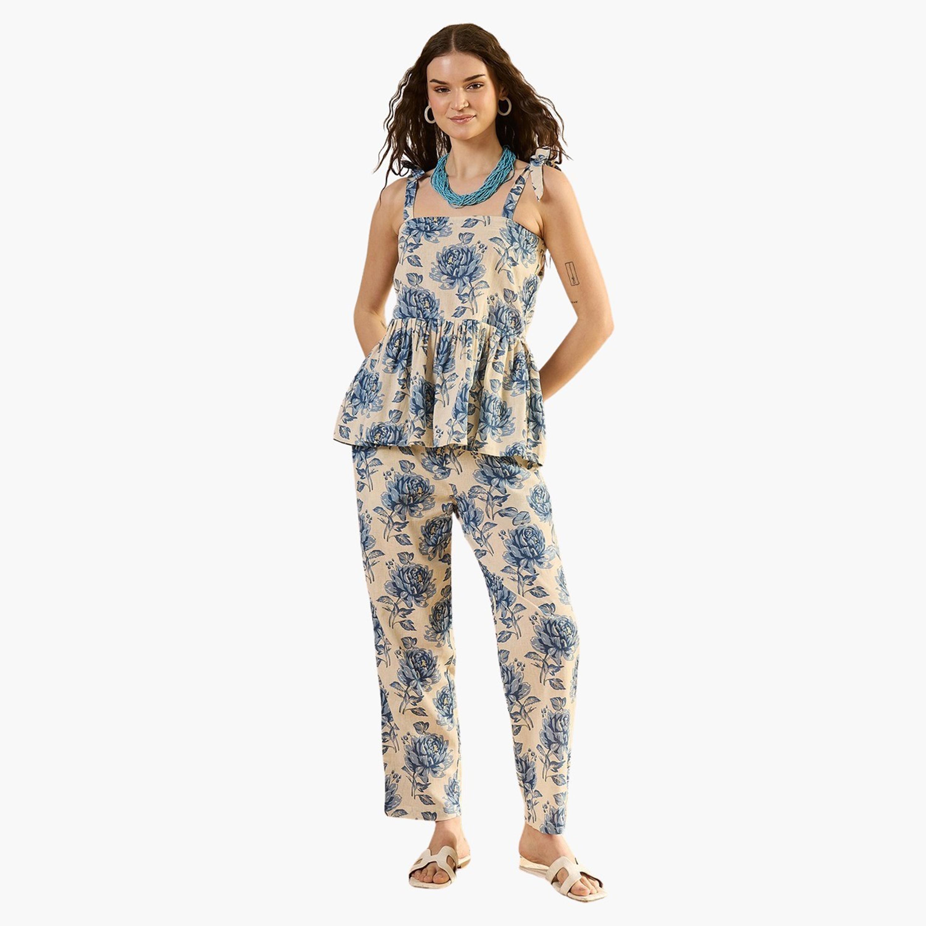 سانسكروتي هومز × ستايلي-  طقم بلوزة وبنطال من القطن الخالص مطبوع عليه زهور-women-clothing-coordsets-image-1